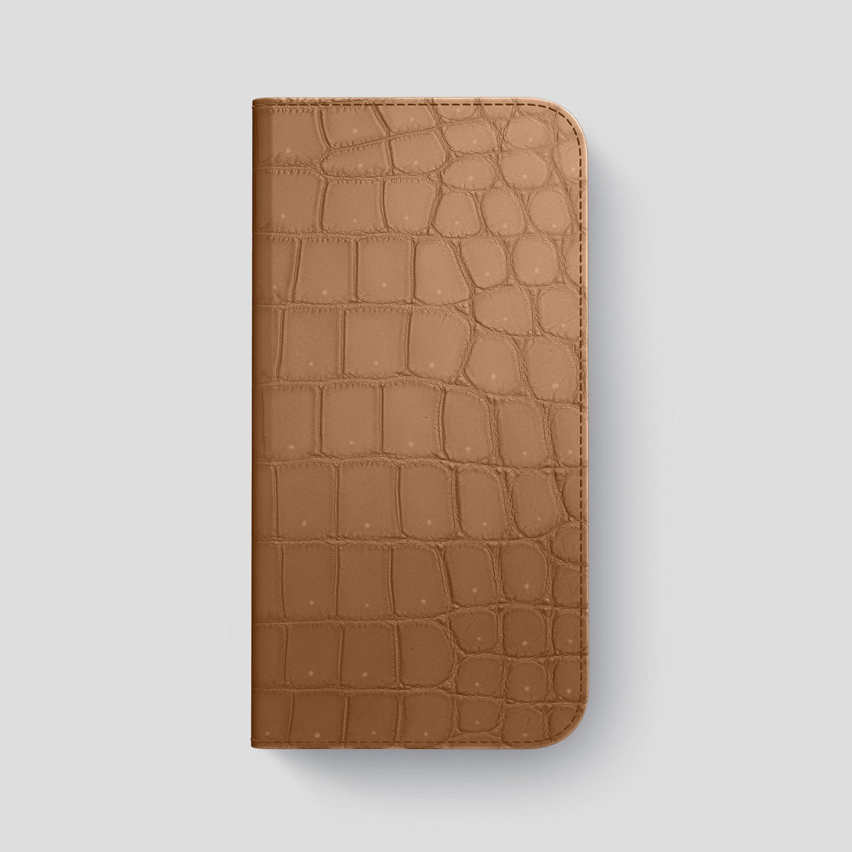 Milk-Chocolate iPhone 15 Pro Max Folio Case Porosus Crocodile with Steel Metal -4 | Milk-Chocolate-Steel