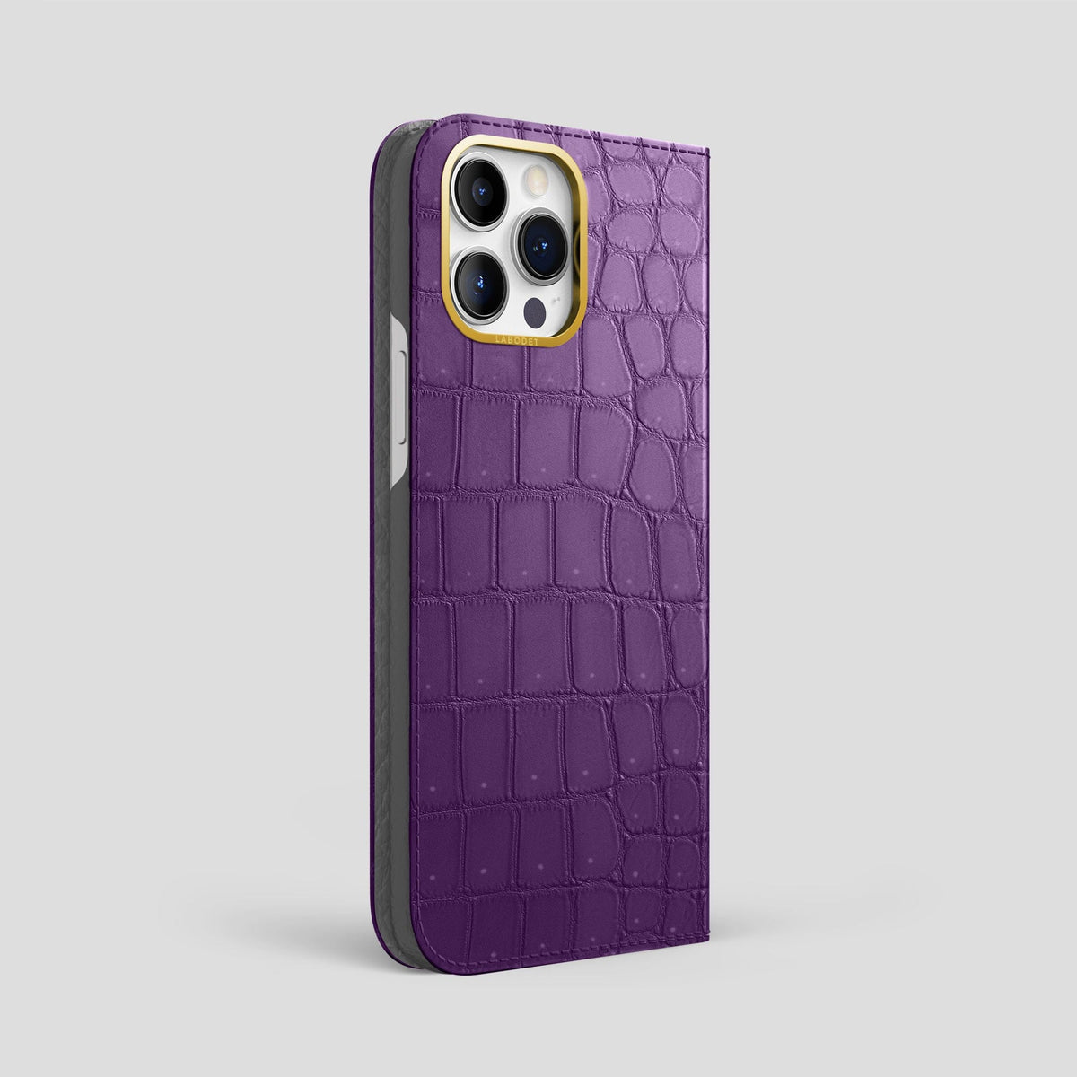 Purple iPhone 15 Pro Max Folio Case Porosus Crocodile with Gold Metal -1 | Purple-Gold