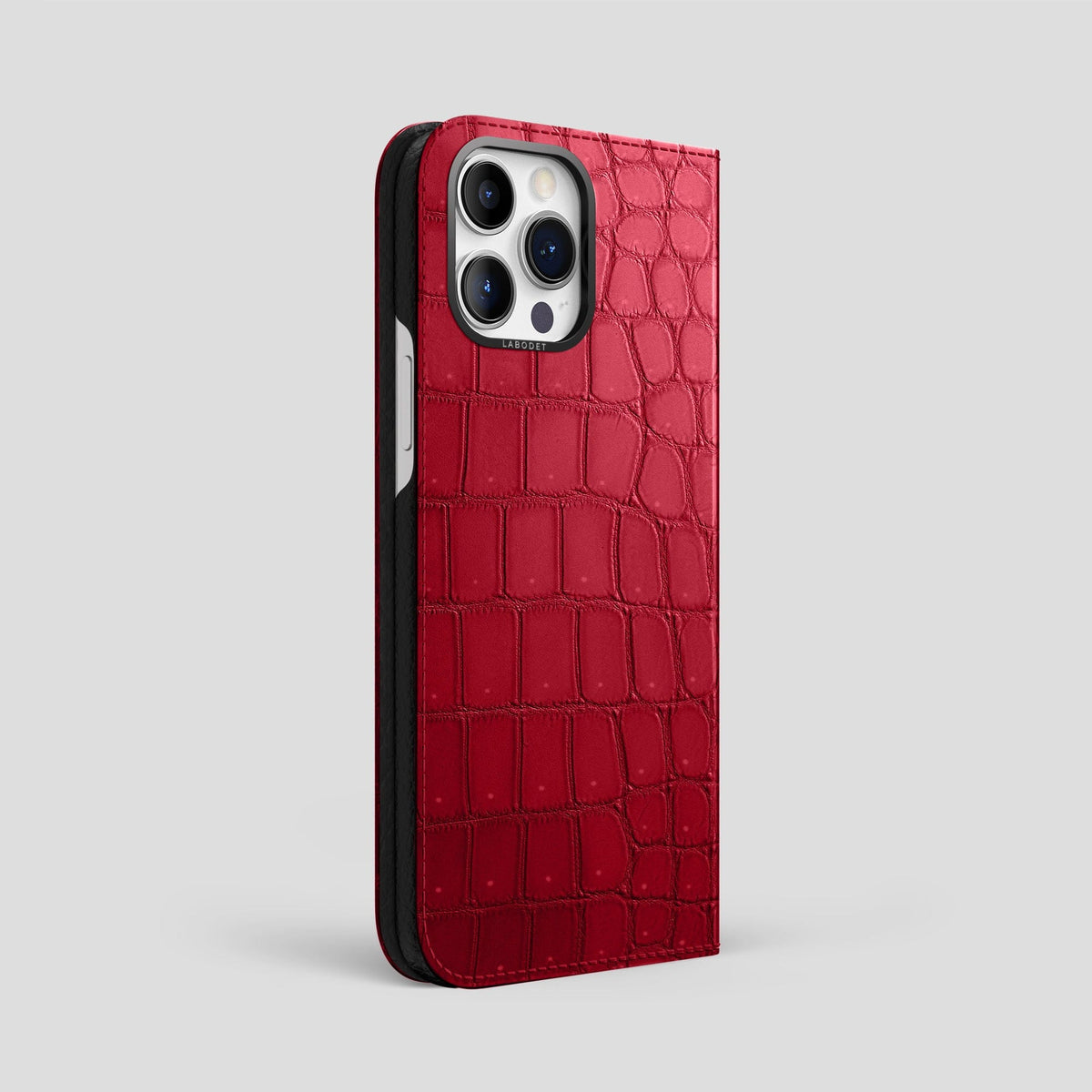 Burgundy iPhone 15 Pro Max Folio Case Porosus Crocodile with Black Metal -1 | Burgundy-Black