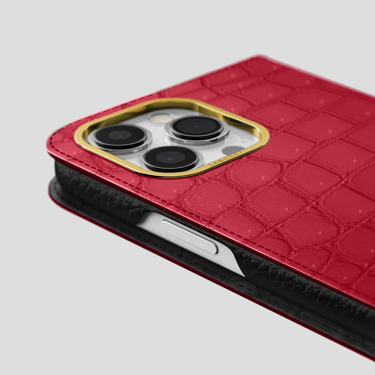 Burgundy iPhone 15 Pro Max Folio Case Porosus Crocodile with Gold Metal -5 | Burgundy-Gold