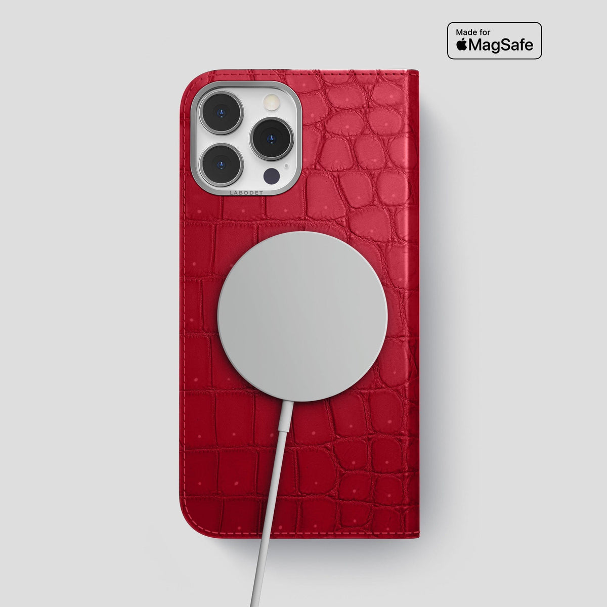 Burgundy iPhone 15 Pro Max Folio Case Porosus Crocodile with Steel Metal -3 | Burgundy-Steel