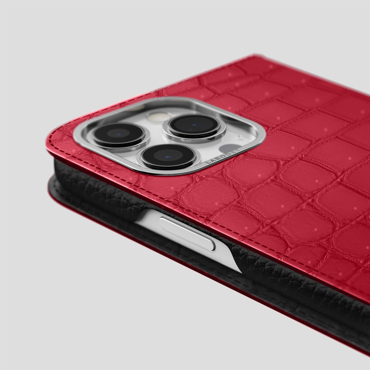 Burgundy iPhone 15 Pro Max Folio Case Porosus Crocodile with Steel Metal -5 | Burgundy-Steel