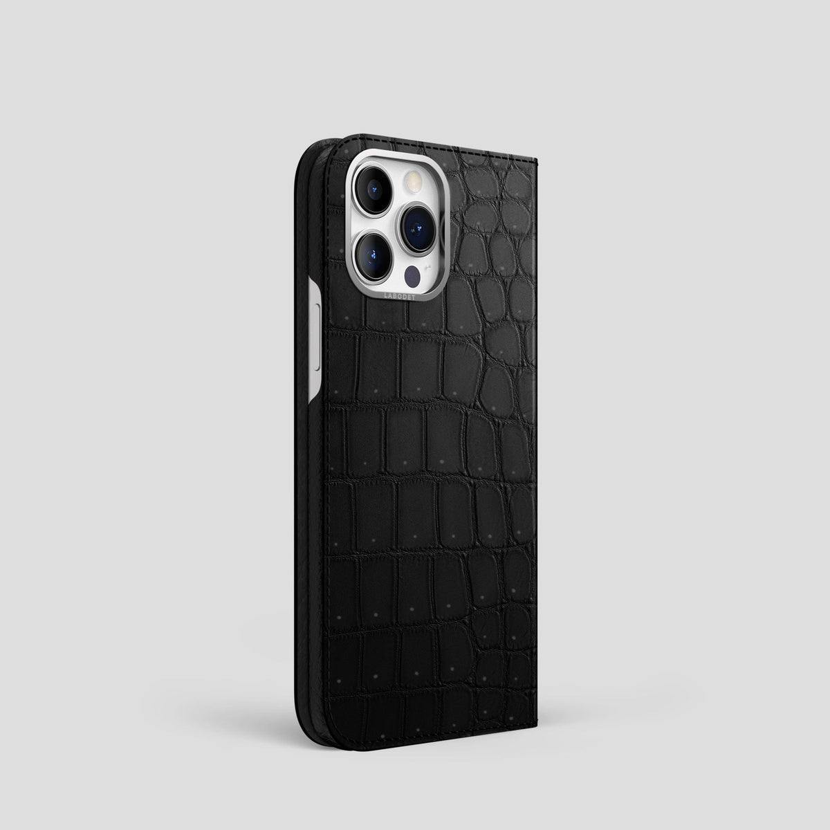 Black iPhone 15 Pro Folio Case Porosus Crocodile with Steel Metal -1 | Black-Steel