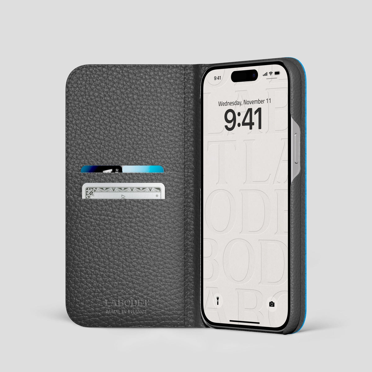 Blue-Lagoon iPhone 15 Pro Folio Case Porosus Crocodile with Black Metal -2 | Blue-Lagoon-Black