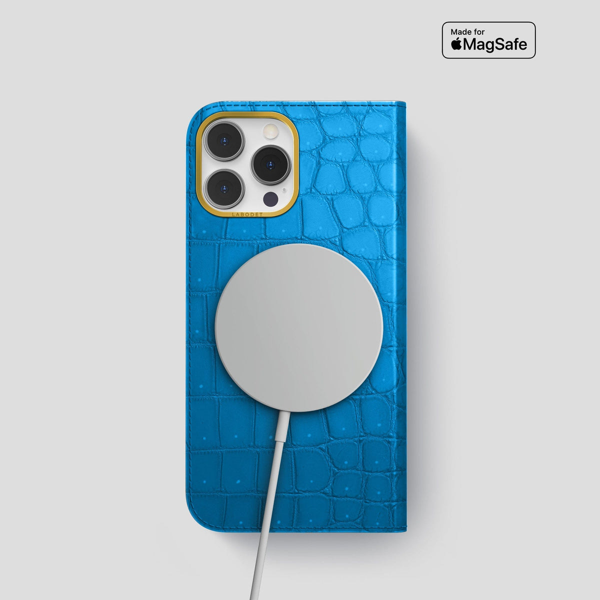 Blue-Lagoon iPhone 15 Pro Folio Case Porosus Crocodile with Gold Metal -3 | Blue-Lagoon-Gold