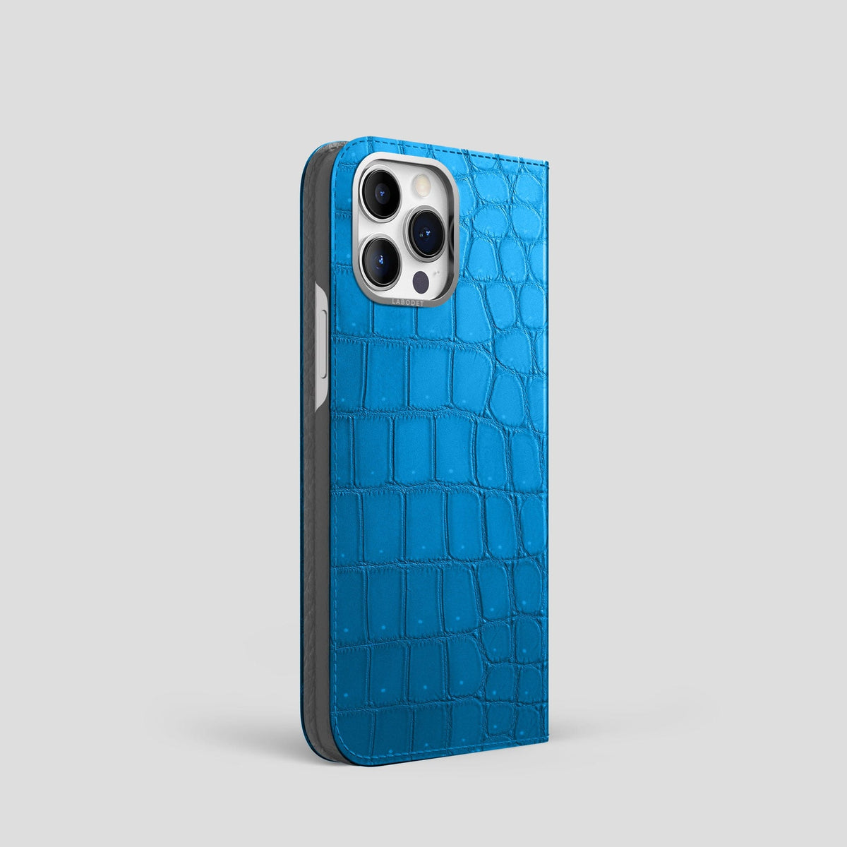 Blue-Lagoon iPhone 15 Pro Folio Case Porosus Crocodile with Steel Metal -1 | Blue-Lagoon-Steel