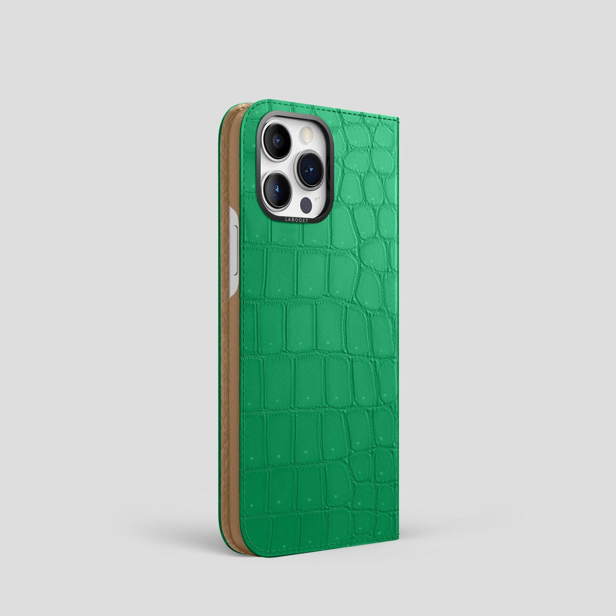 Cactus-Green iPhone 15 Pro Folio Case Porosus Crocodile with Black Metal -1 | Cactus-Green-Black