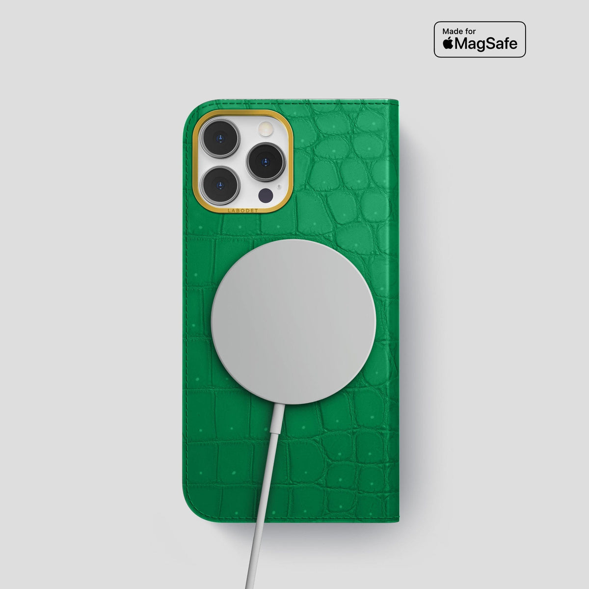 Cactus-Green iPhone 15 Pro Folio Case Porosus Crocodile with Gold Metal -3 | Cactus-Green-Gold