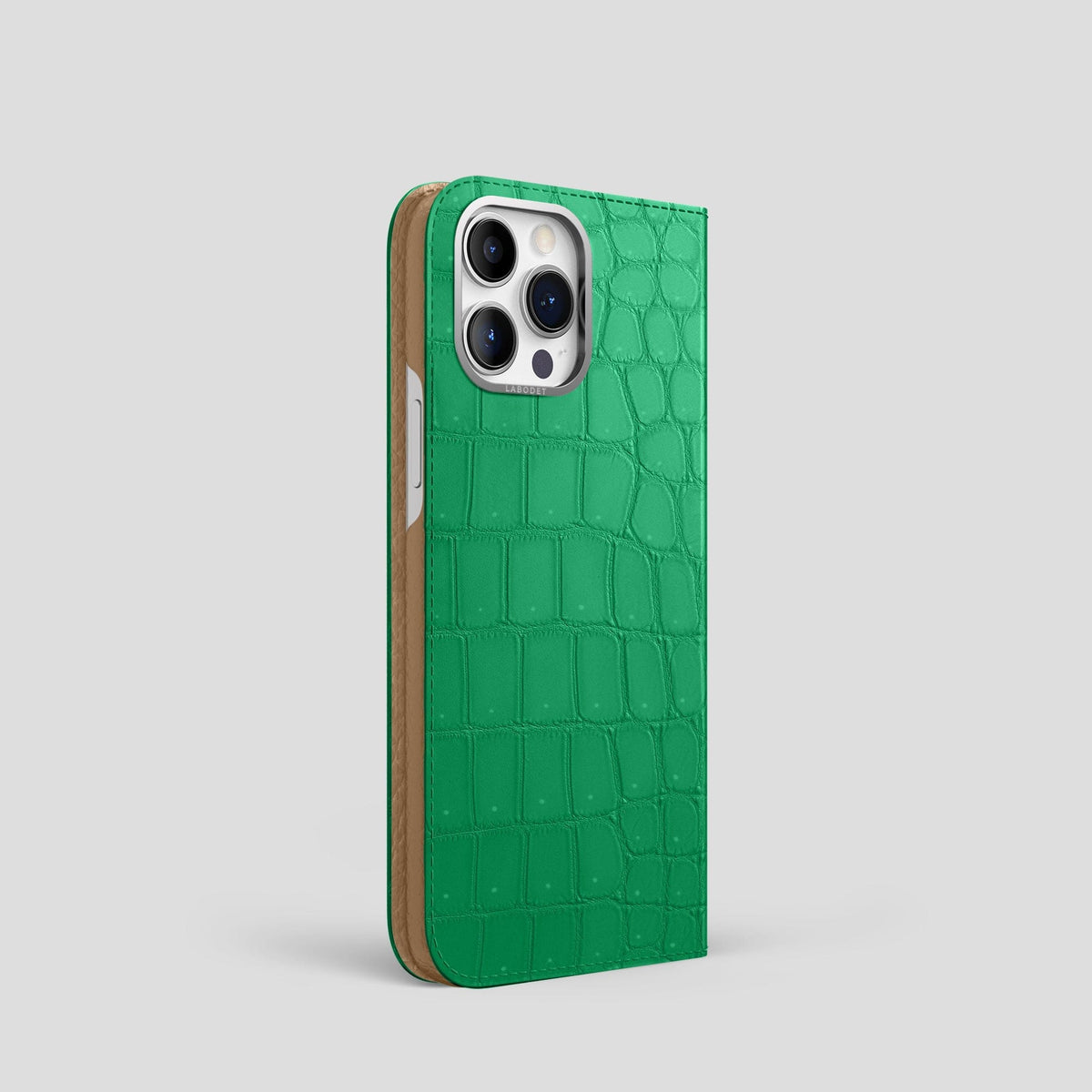 Cactus-Green iPhone 15 Pro Folio Case Porosus Crocodile with Steel Metal -1 | Cactus-Green-Steel