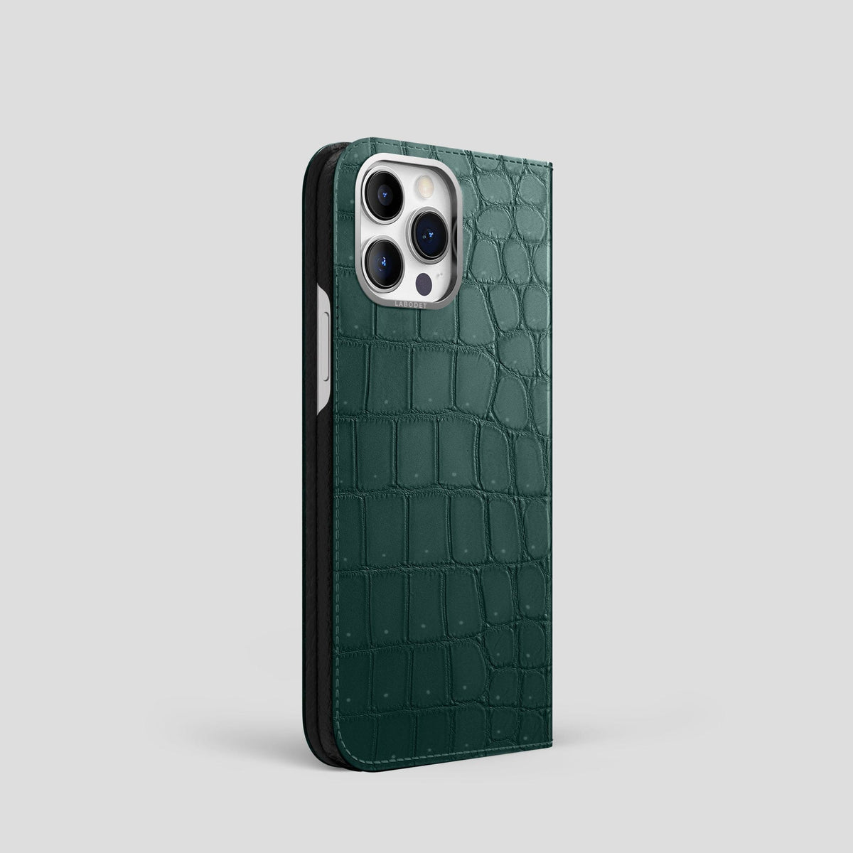 Dark-Forest iPhone 15 Pro Folio Case Porosus Crocodile with Steel Metal -1 | Dark-Forest-Steel