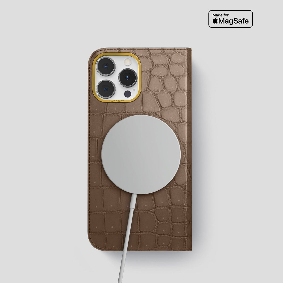 Fur-Brown iPhone 15 Pro Folio Case Porosus Crocodile with Gold Metal -3 | Fur-Brown-Gold