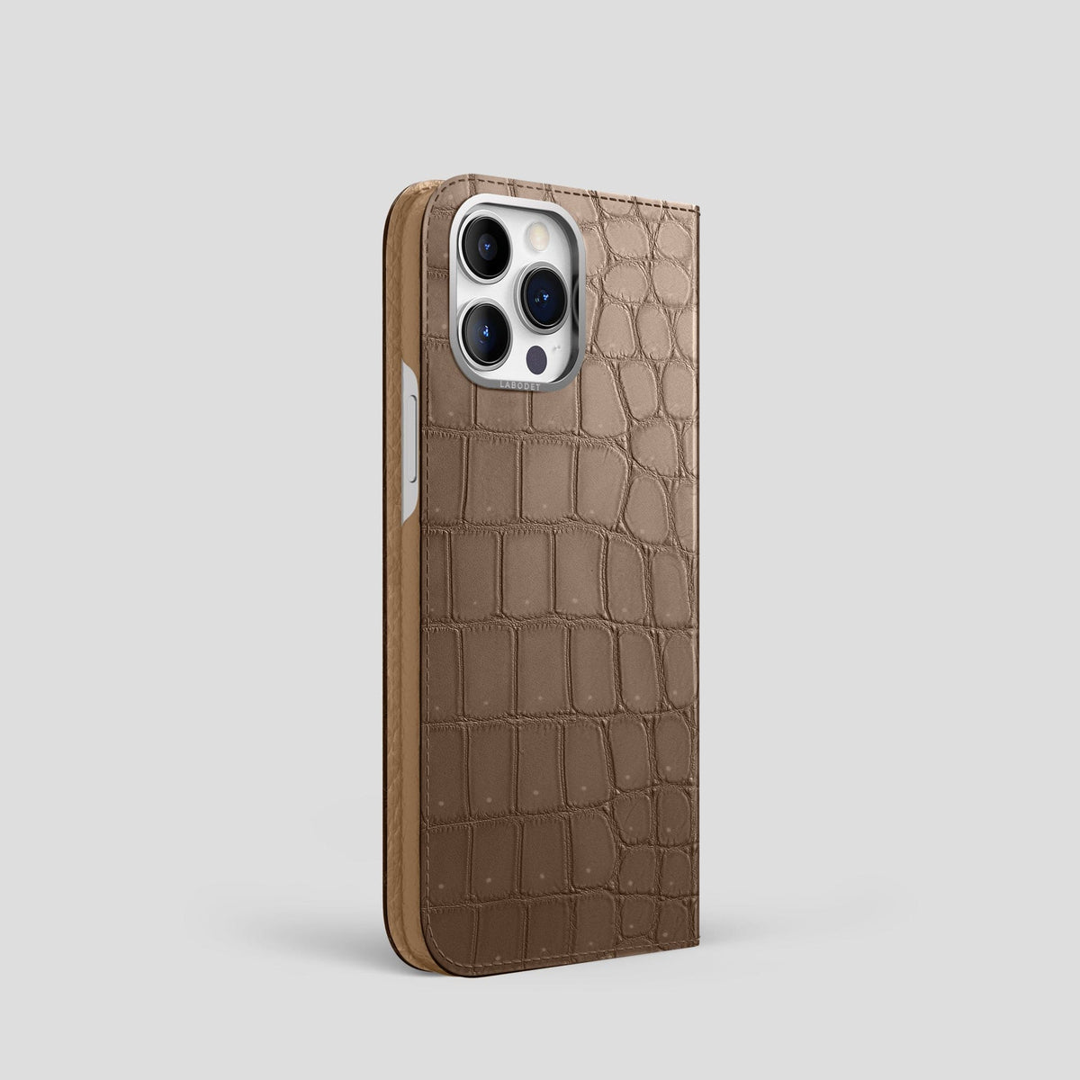 Fur-Brown iPhone 15 Pro Folio Case Porosus Crocodile with Steel Metal -1 | Fur-Brown-Steel