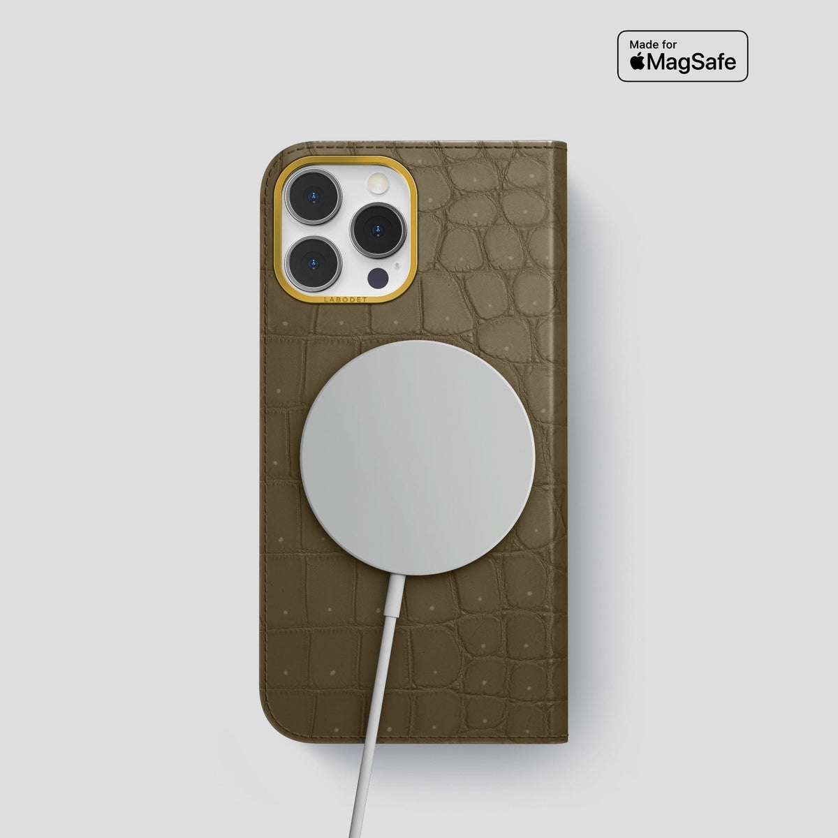Kaki-Green iPhone 15 Pro Folio Case Porosus Crocodile with Gold Metal -3 | Kaki-Green-Gold