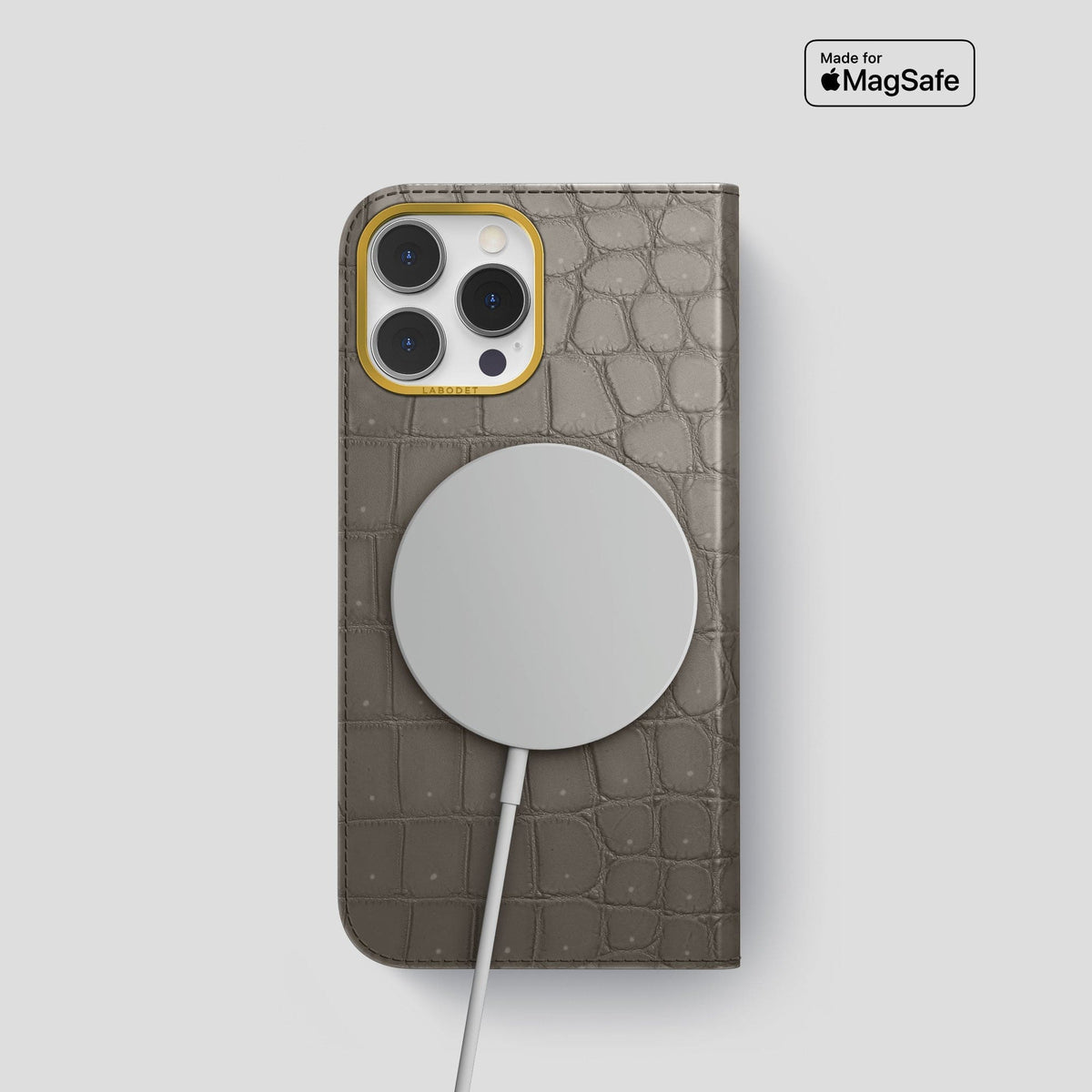 Lava-Stone iPhone 15 Pro Folio Case Porosus Crocodile with Gold Metal -3 | Lava-Stone-Gold