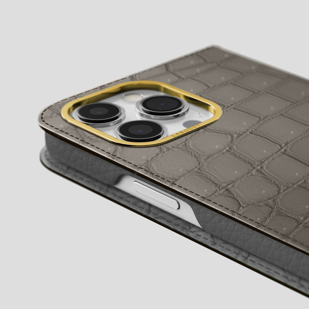 Lava-Stone iPhone 15 Pro Folio Case Porosus Crocodile with Gold Metal -5 | Lava-Stone-Gold