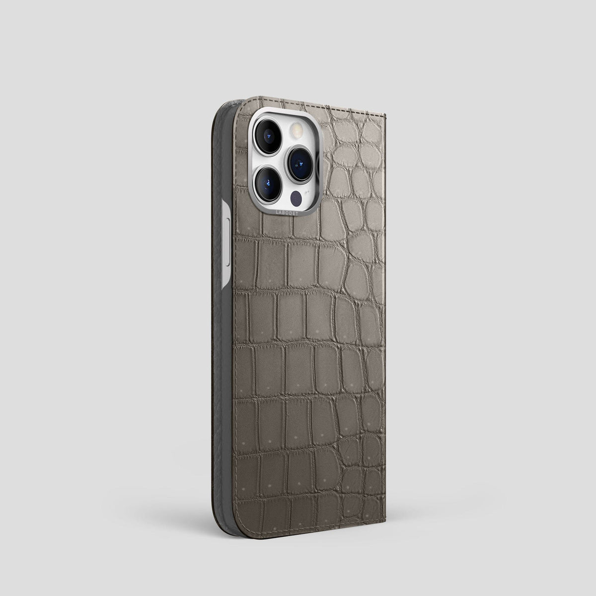 Lava-Stone iPhone 15 Pro Folio Case Porosus Crocodile with Steel Metal -1 | Lava-Stone-Steel