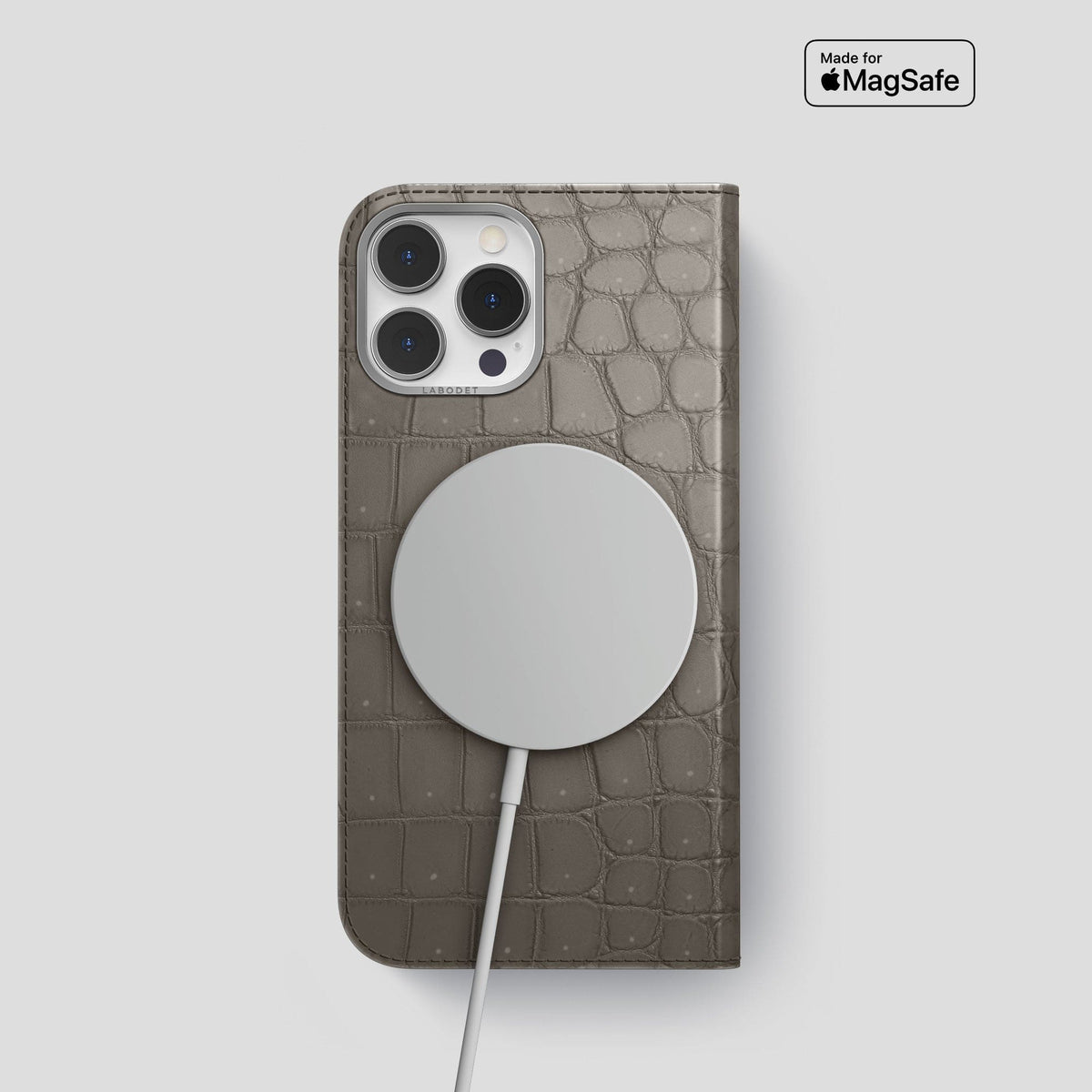 Lava-Stone iPhone 15 Pro Folio Case Porosus Crocodile with Steel Metal -3 | Lava-Stone-Steel
