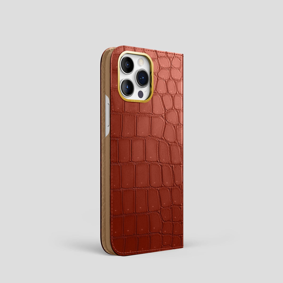 Mahogany-Brown iPhone 15 Pro Folio Case Porosus Crocodile with Gold Metal -1 | Mahogany-Brown-Gold