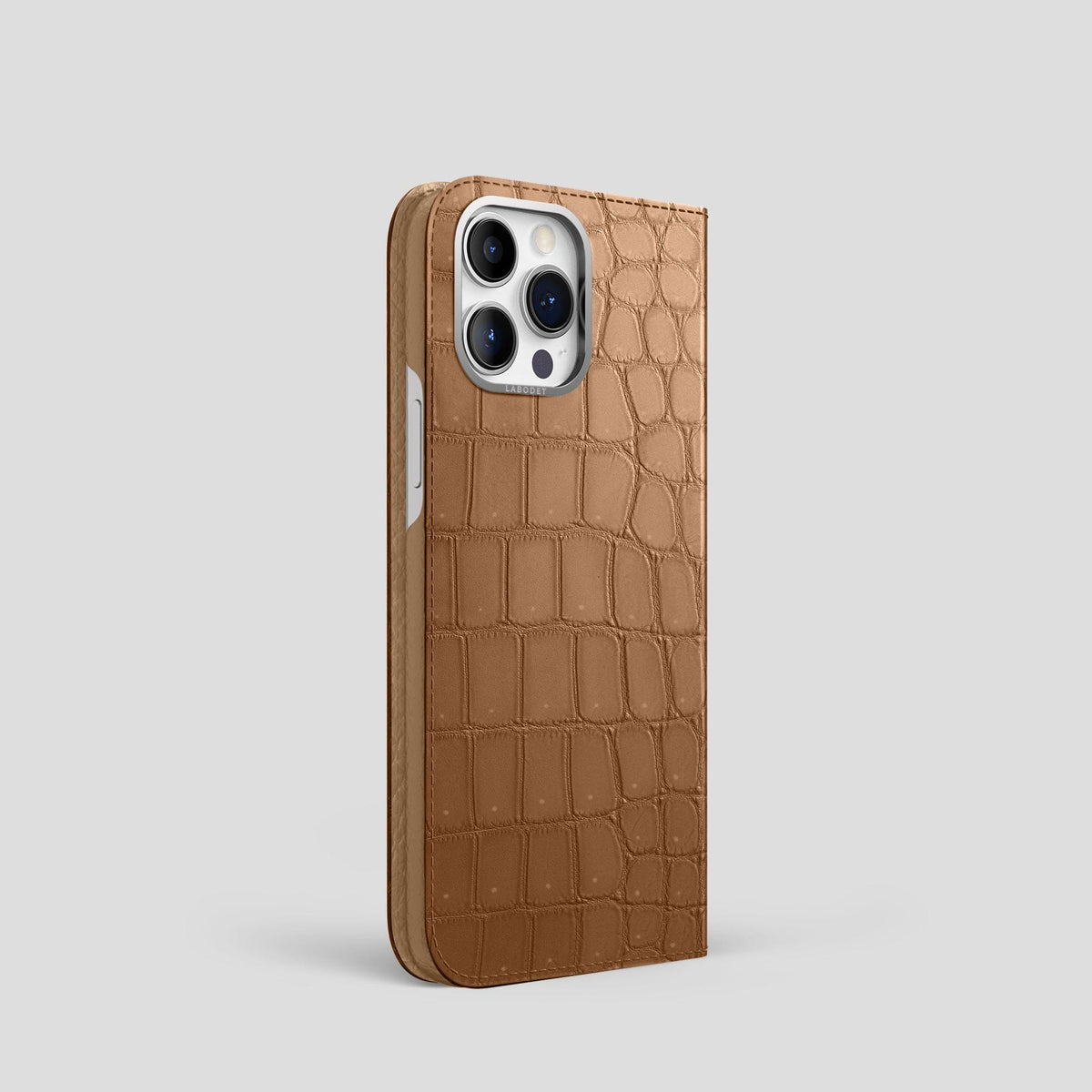 Milk-Chocolate iPhone 15 Pro Folio Case Porosus Crocodile with Steel Metal -1 | Milk-Chocolate-Steel