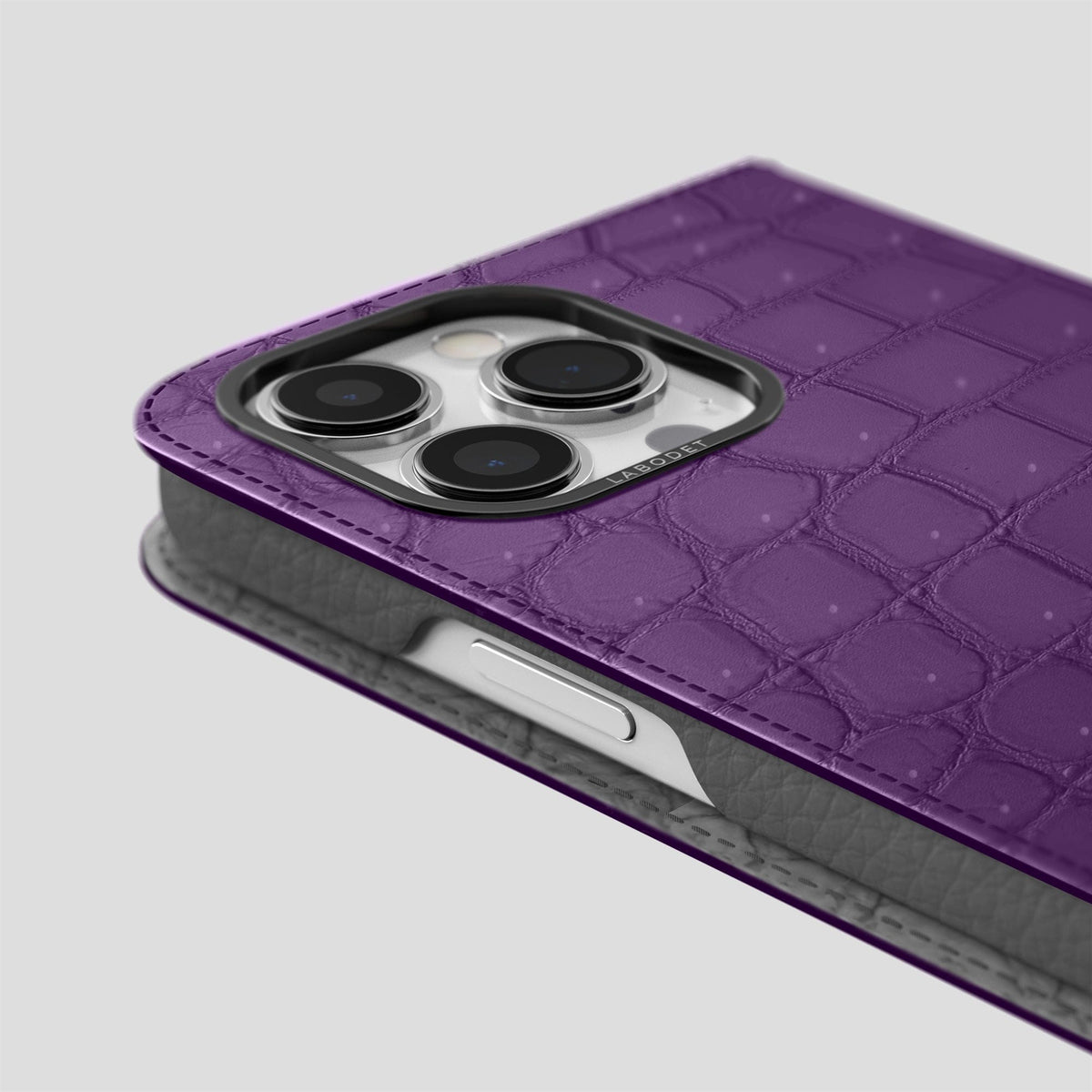 Purple iPhone 15 Pro Folio Case Porosus Crocodile with Black Metal -5 | Purple-Black