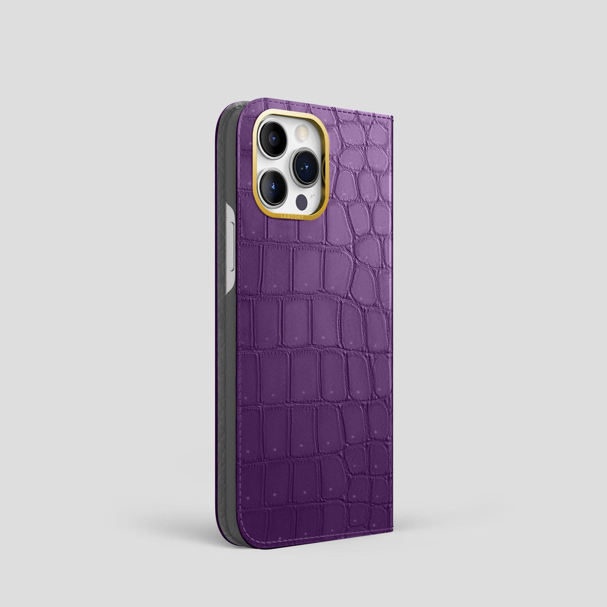 Purple iPhone 15 Pro Folio Case Porosus Crocodile with Gold Metal -1 | Purple-Gold
