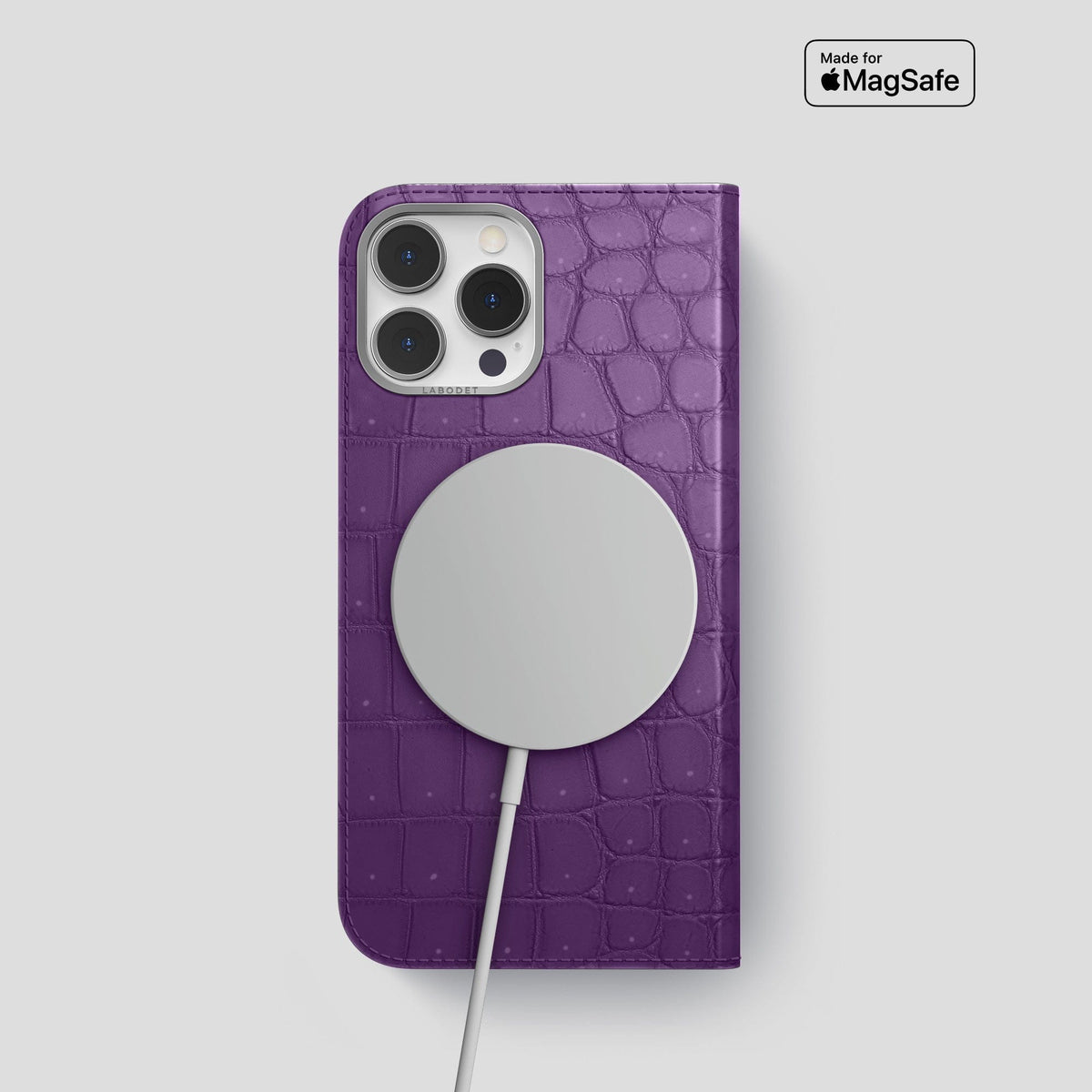 Purple iPhone 15 Pro Folio Case Porosus Crocodile with Steel Metal -3 | Purple-Steel