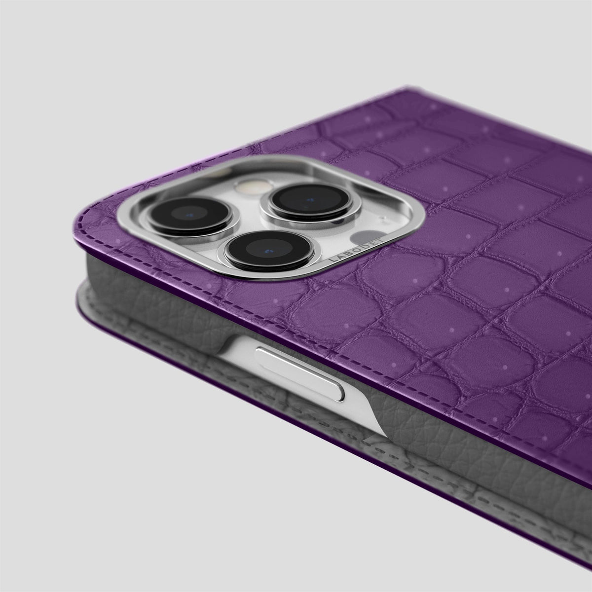 Purple iPhone 15 Pro Folio Case Porosus Crocodile with Steel Metal -5 | Purple-Steel