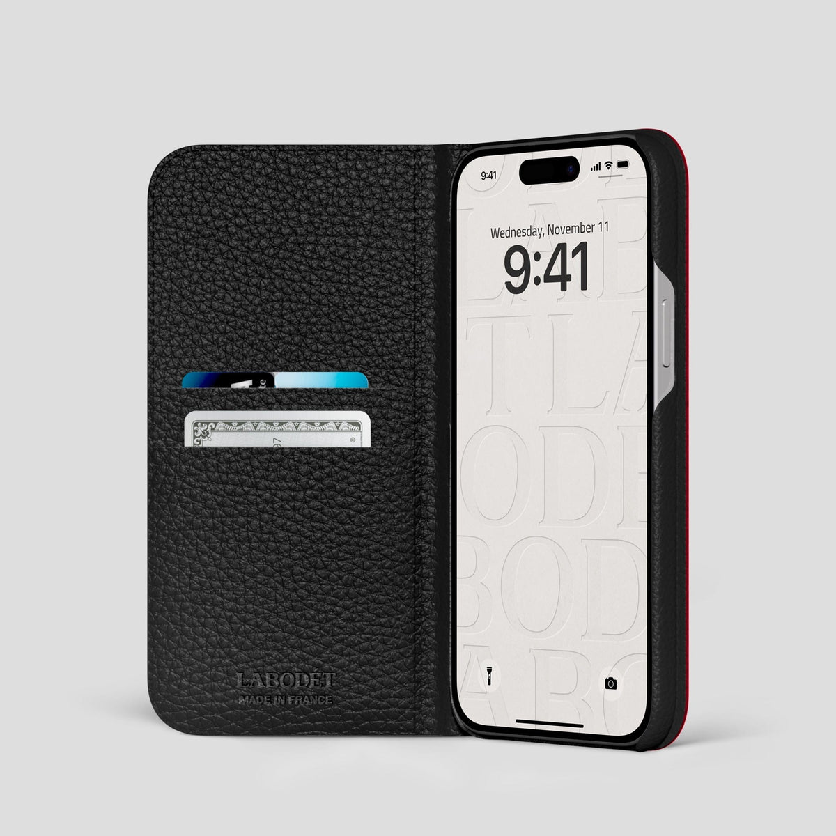 Burgundy iPhone 15 Pro Folio Case Porosus Crocodile with Steel Metal -2 | Burgundy-Steel