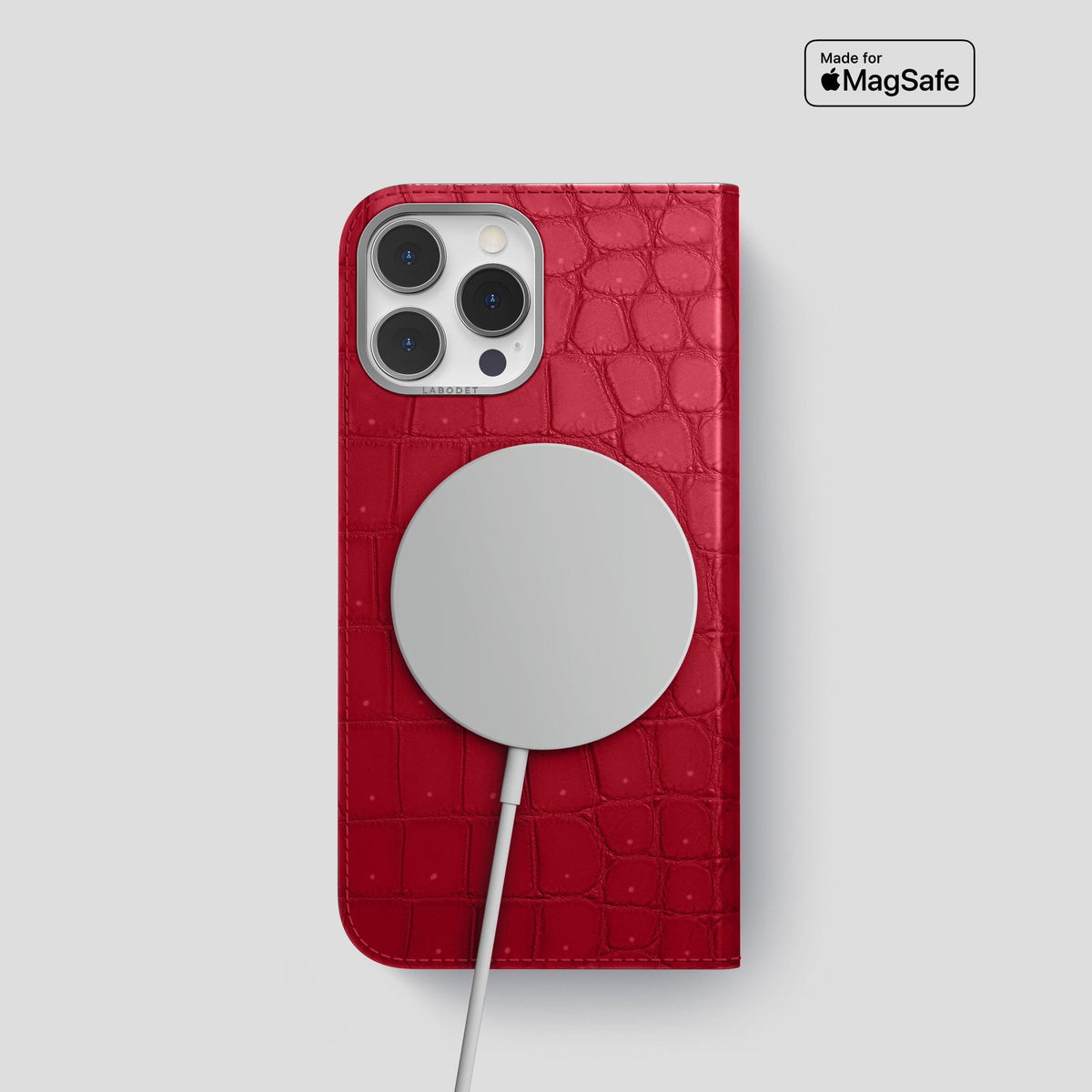 Burgundy iPhone 15 Pro Folio Case Porosus Crocodile with Steel Metal -3 | Burgundy-Steel