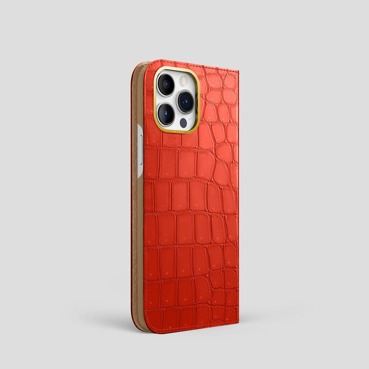 Rust iPhone 15 Pro Folio Case Porosus Crocodile with Gold Metal -1 | Rust-Gold