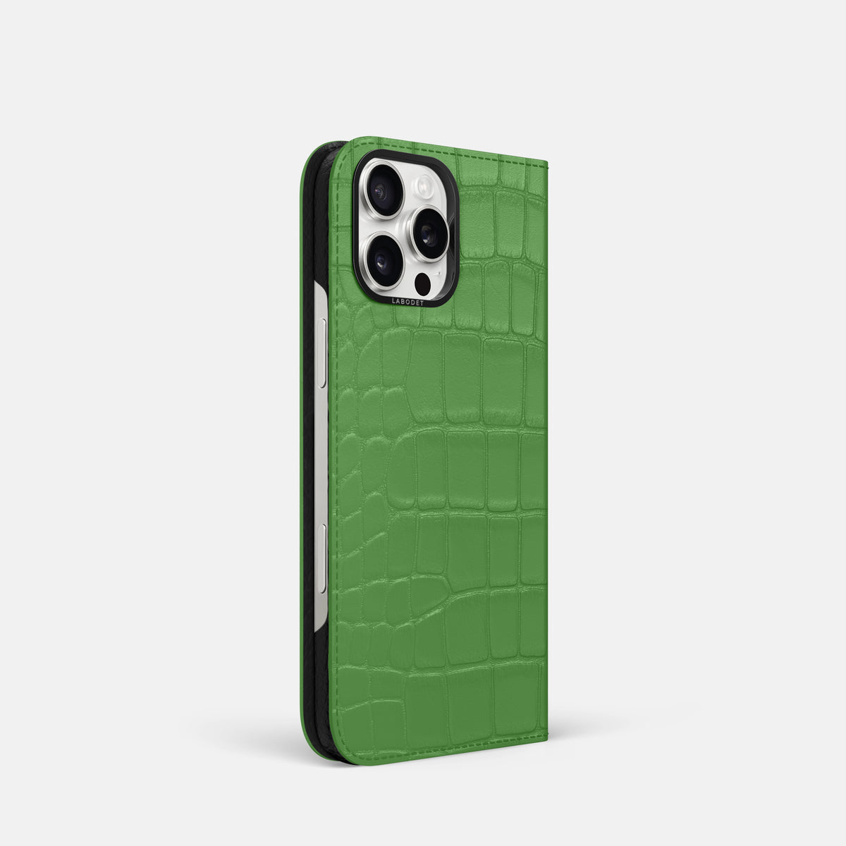 Apple-Green iPhone 16 Pro Folio Case Alligator with Black Metal -1 | Apple-Green-Black