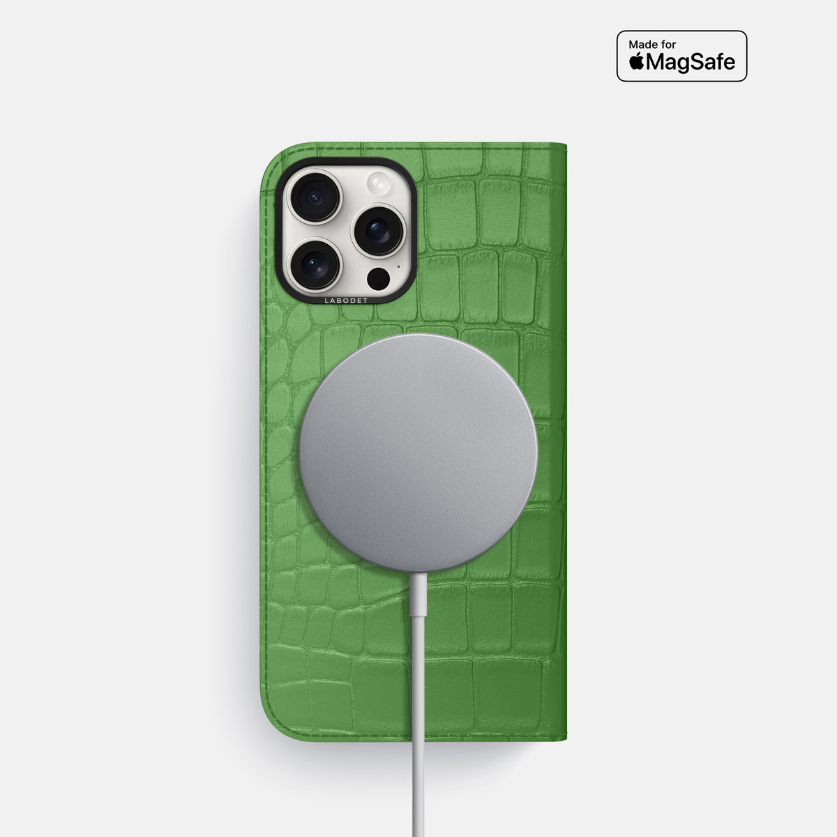 Apple-Green iPhone 16 Pro Folio Case Alligator with Black Metal -3 | Apple-Green-Black