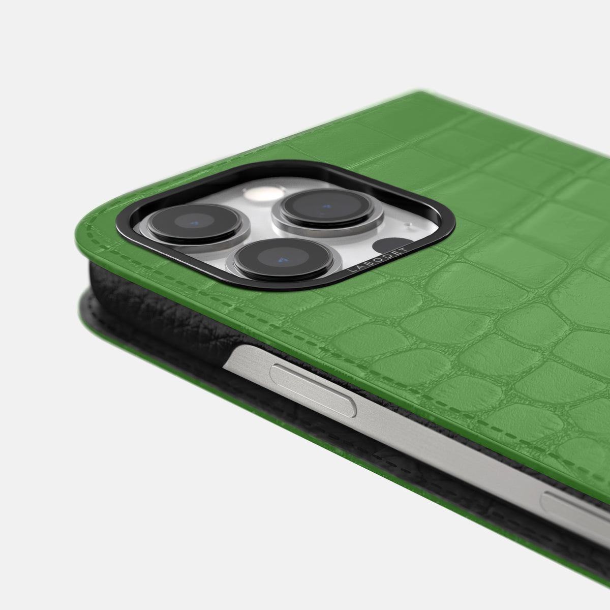 Apple-Green iPhone 16 Pro Folio Case Alligator with Black Metal -5 | Apple-Green-Black
