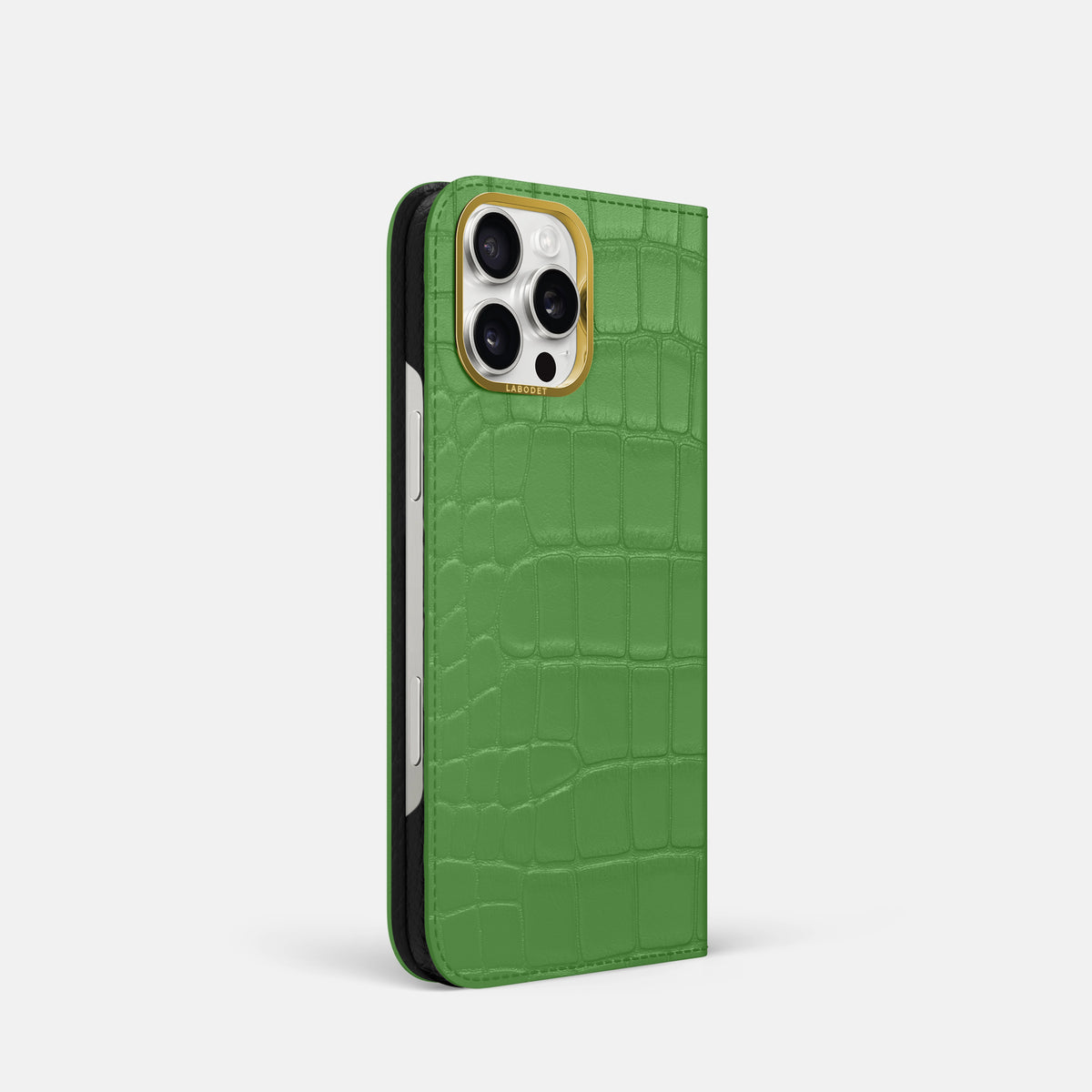Apple-Green iPhone 16 Pro Folio Case In Alligator with Gold Metal -1 | Apple-Green-Gold