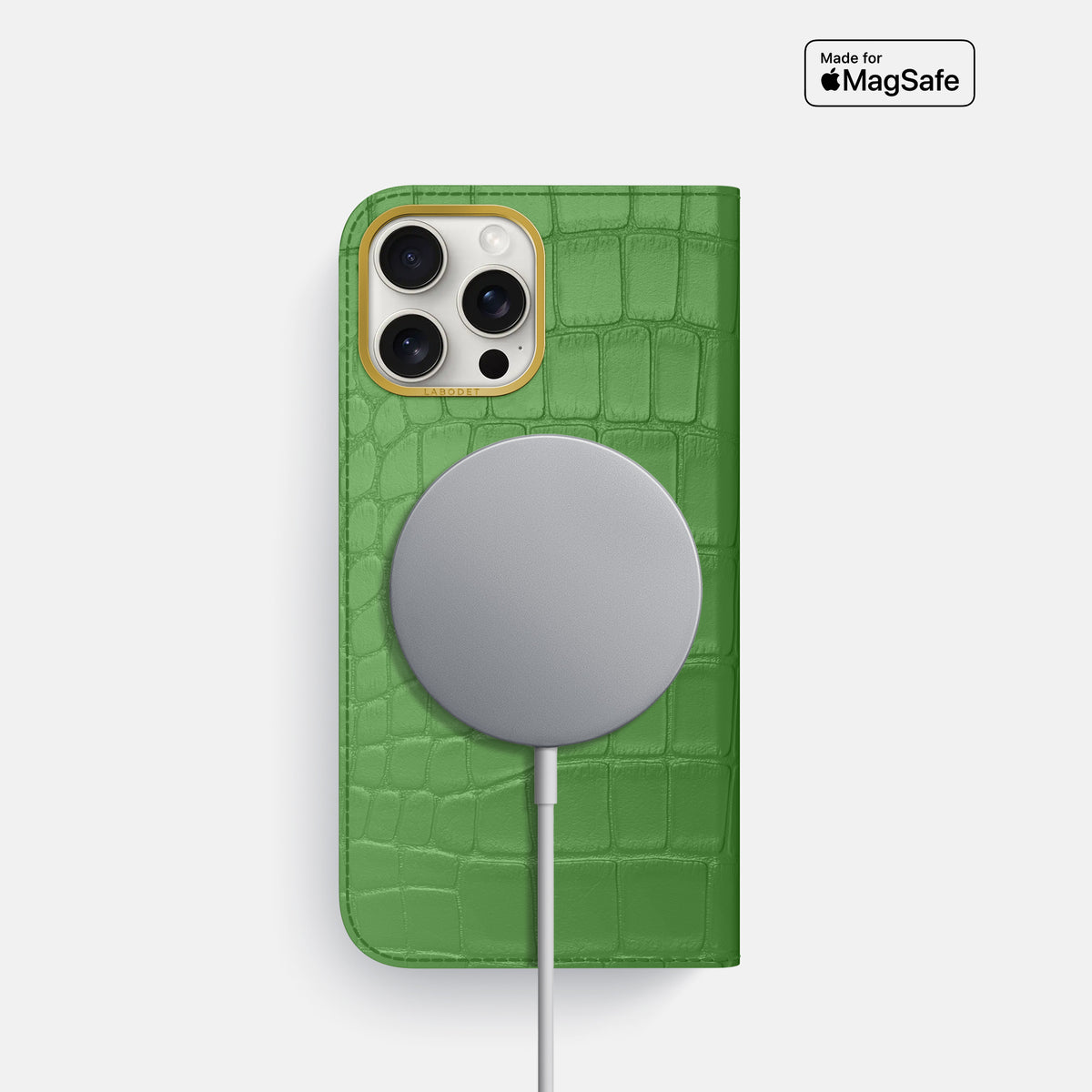 Apple-Green iPhone 16 Pro Folio Case In Alligator with Gold Metal -3 | Apple-Green-Gold