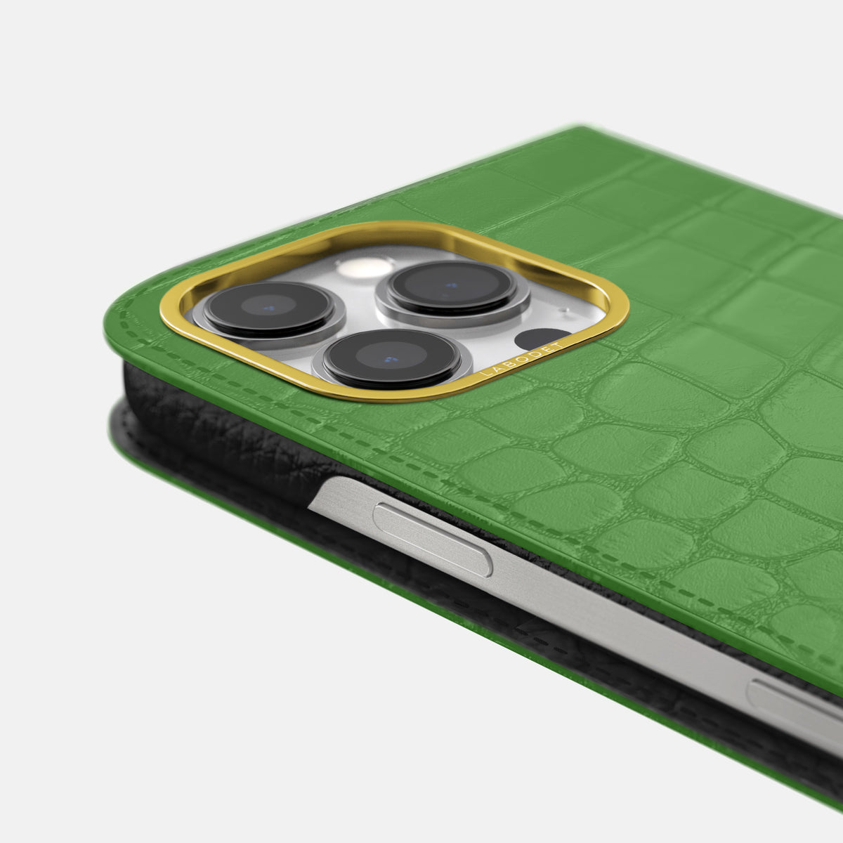 Apple-Green iPhone 16 Pro Folio Case In Alligator with Gold Metal -5 | Apple-Green-Gold