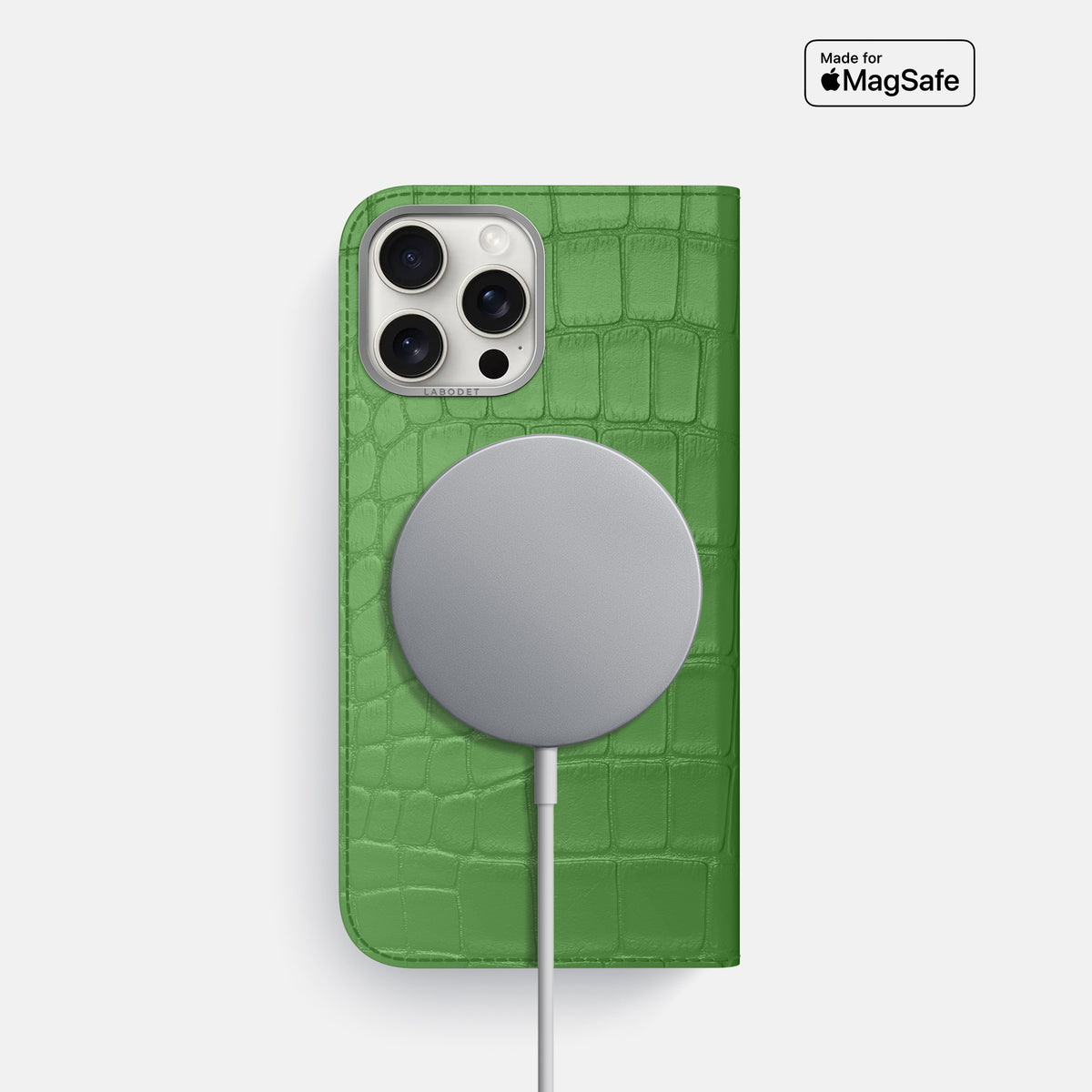 Apple-Green iPhone 16 Pro Folio Case Alligator with Steel Metal -3 | Apple-Green-Steel