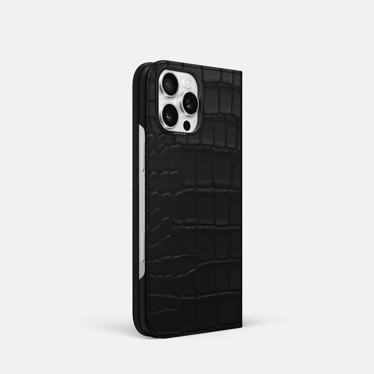 Black iPhone 16 Pro Folio Case Alligator with Black Metal -1 | Black-Black
