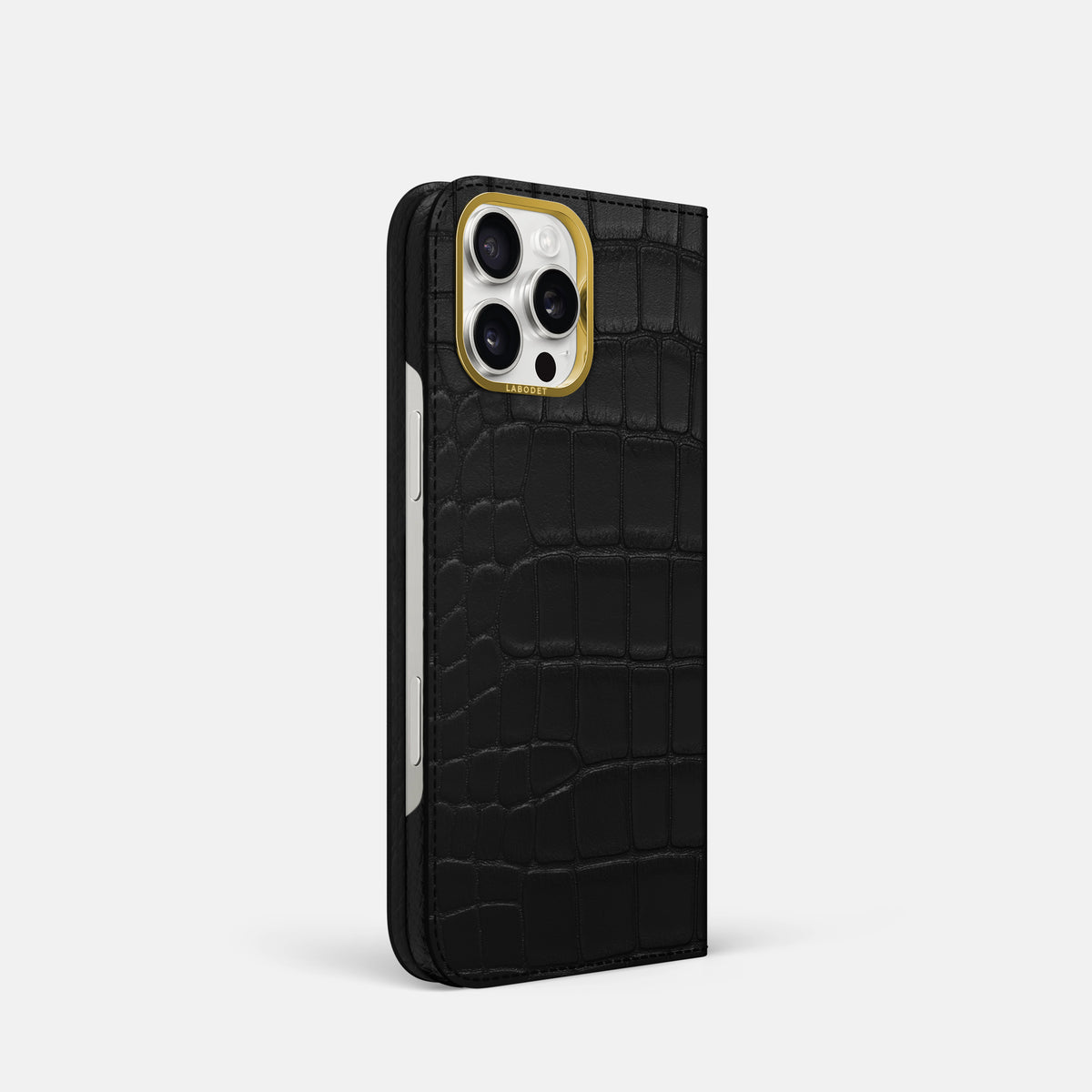 Black iPhone 16 Pro Folio Case In Alligator with Gold Metal -1 | Black-Gold