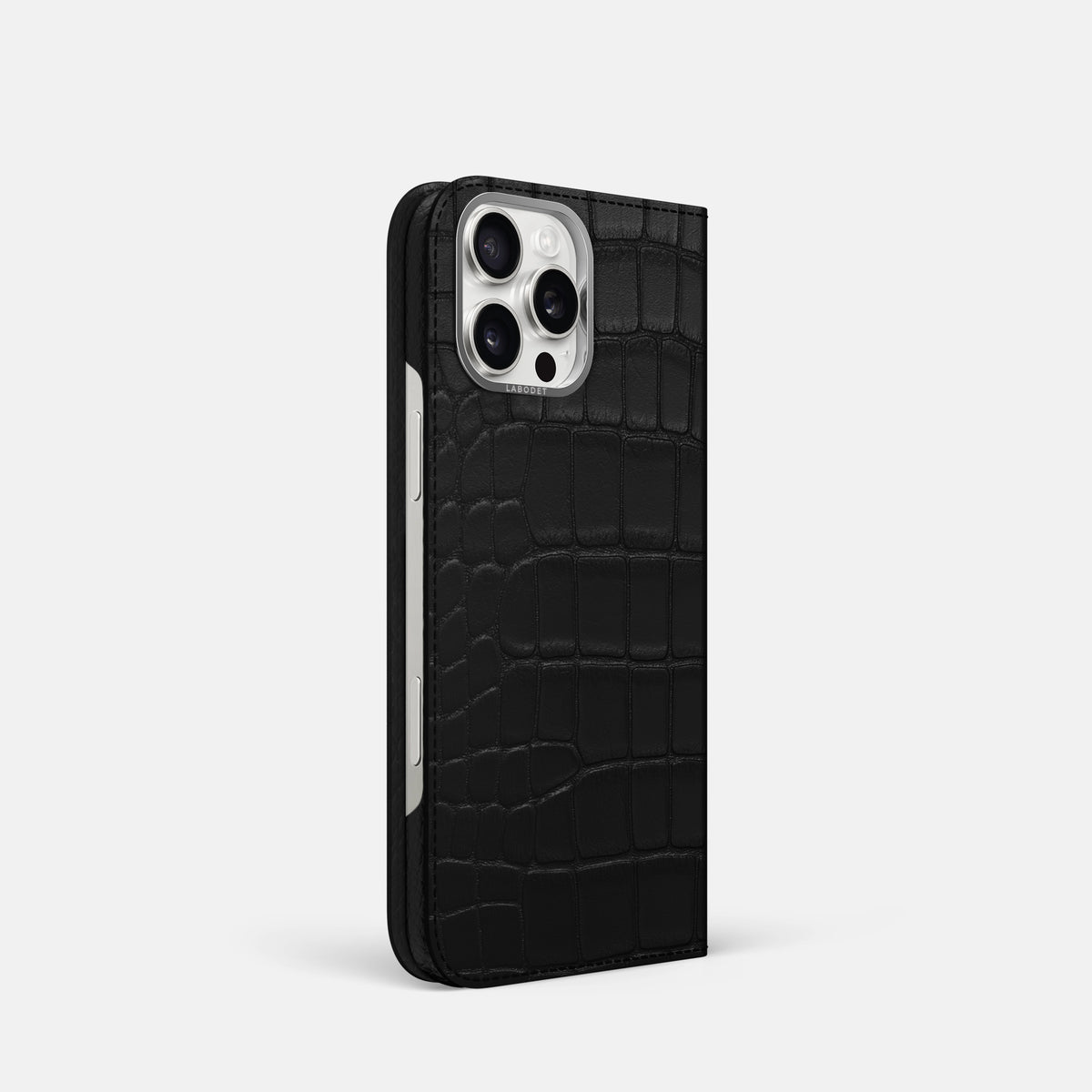 Black iPhone 16 Pro Folio Case Alligator with Steel Metal -1 | Black-Steel