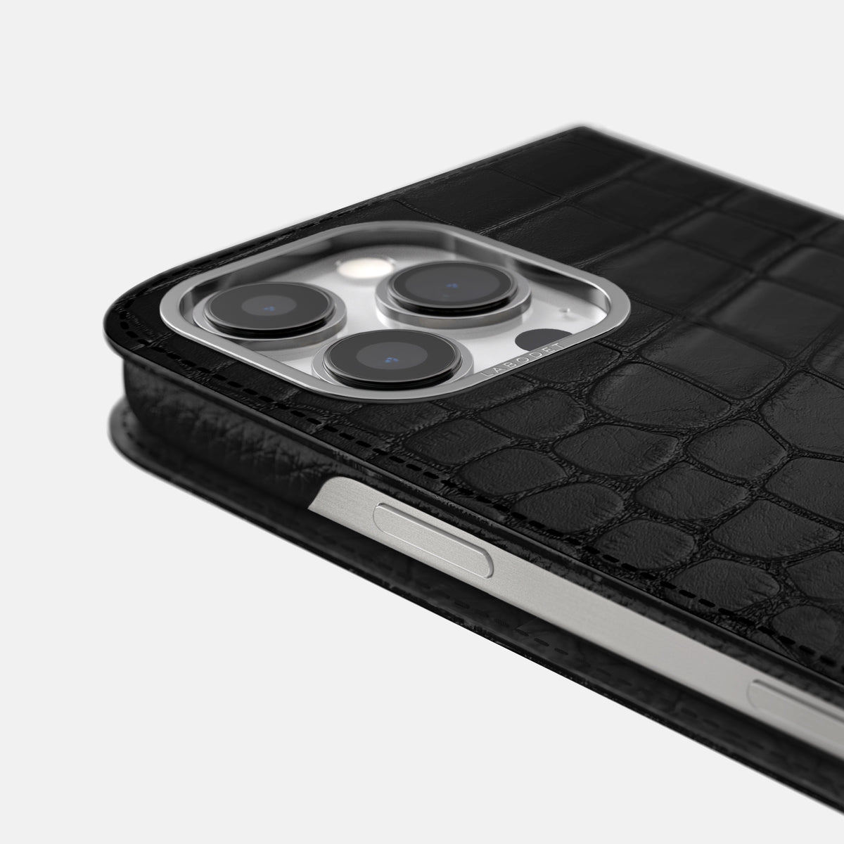 Black iPhone 16 Pro Folio Case Alligator with Steel Metal -5 | Black-Steel