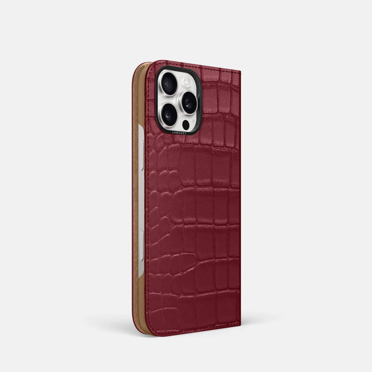 Burgundy iPhone 16 Pro Folio Case Alligator with Black Metal -1 | Burgundy-Black
