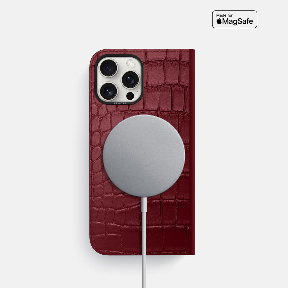 Burgundy iPhone 16 Pro Folio Case Alligator with Black Metal -3 | Burgundy-Black