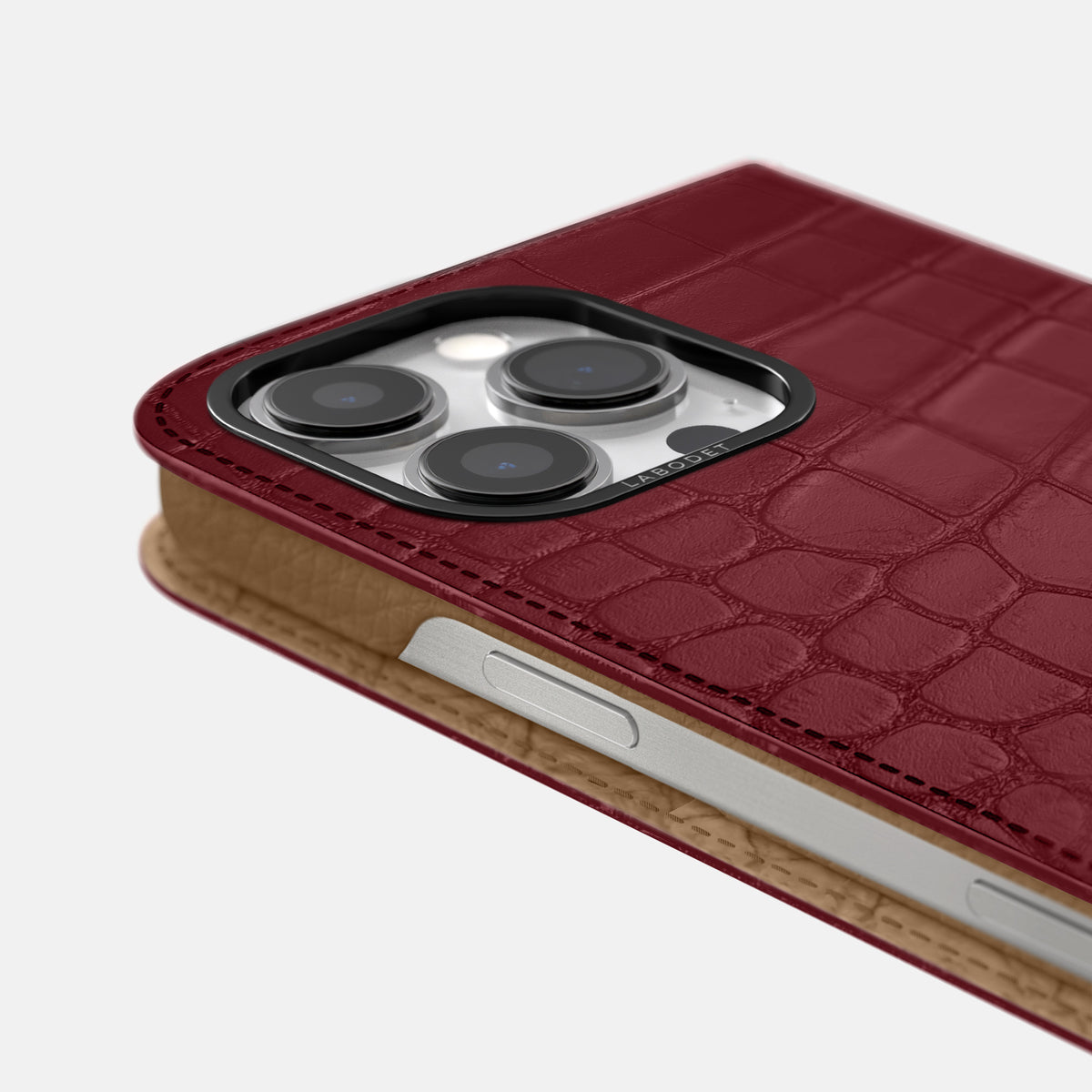 Burgundy iPhone 16 Pro Folio Case Alligator with Black Metal -5 | Burgundy-Black