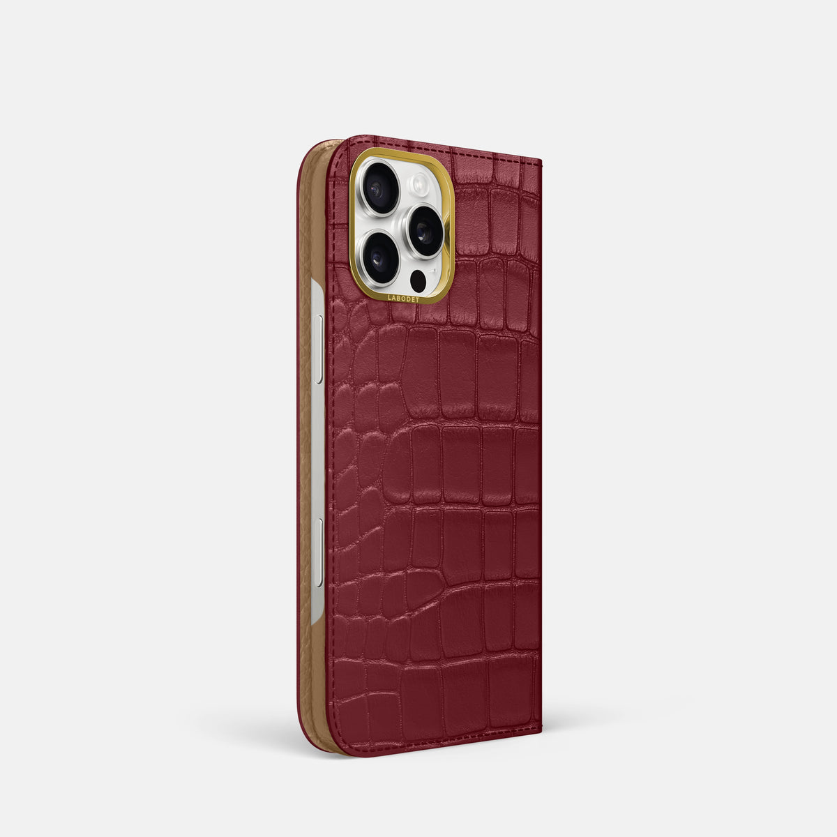 Burgundy iPhone 16 Pro Folio Case In Alligator with Gold Metal -1 | Burgundy-Gold