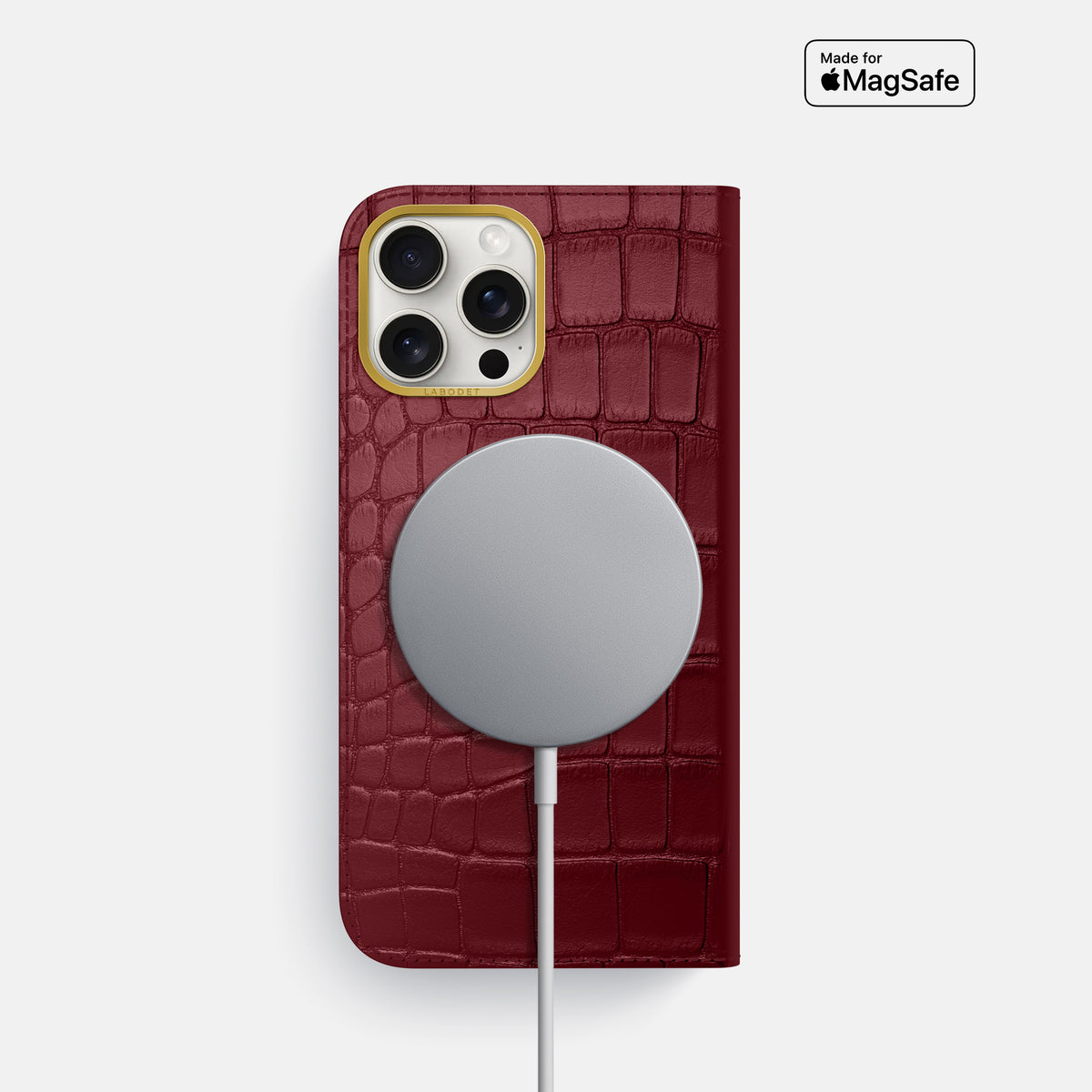 Burgundy iPhone 16 Pro Folio Case In Alligator with Gold Metal -3 | Burgundy-Gold