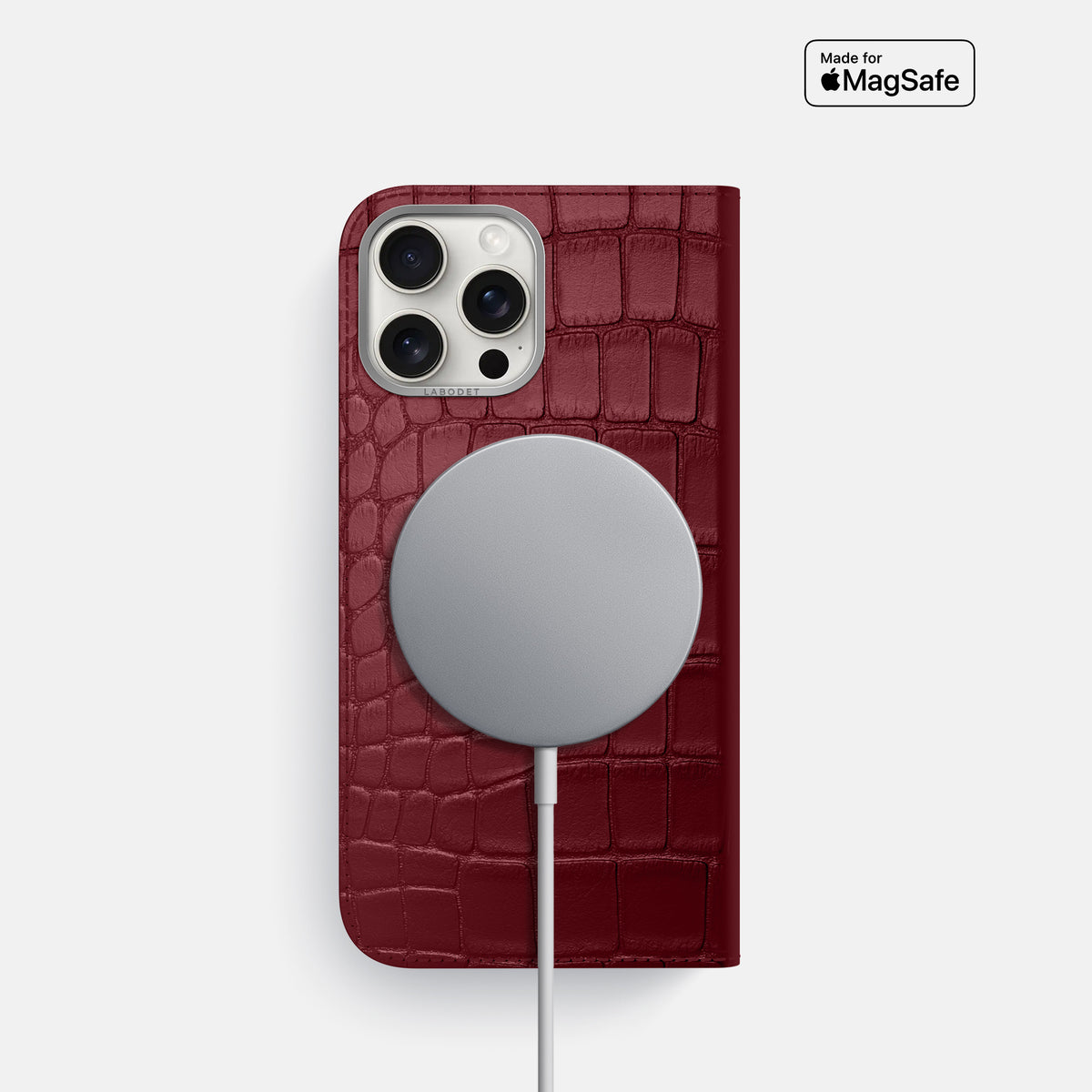 Burgundy iPhone 16 Pro Folio Case Alligator with Steel Metal -3 | Burgundy-Steel