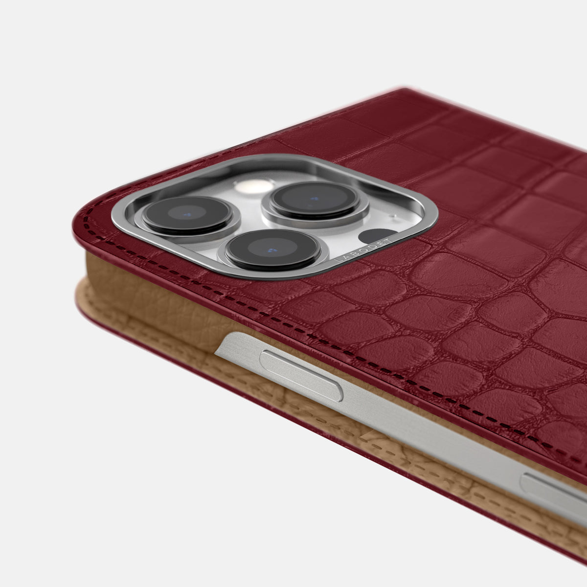 Burgundy iPhone 16 Pro Folio Case Alligator with Steel Metal -5 | Burgundy-Steel