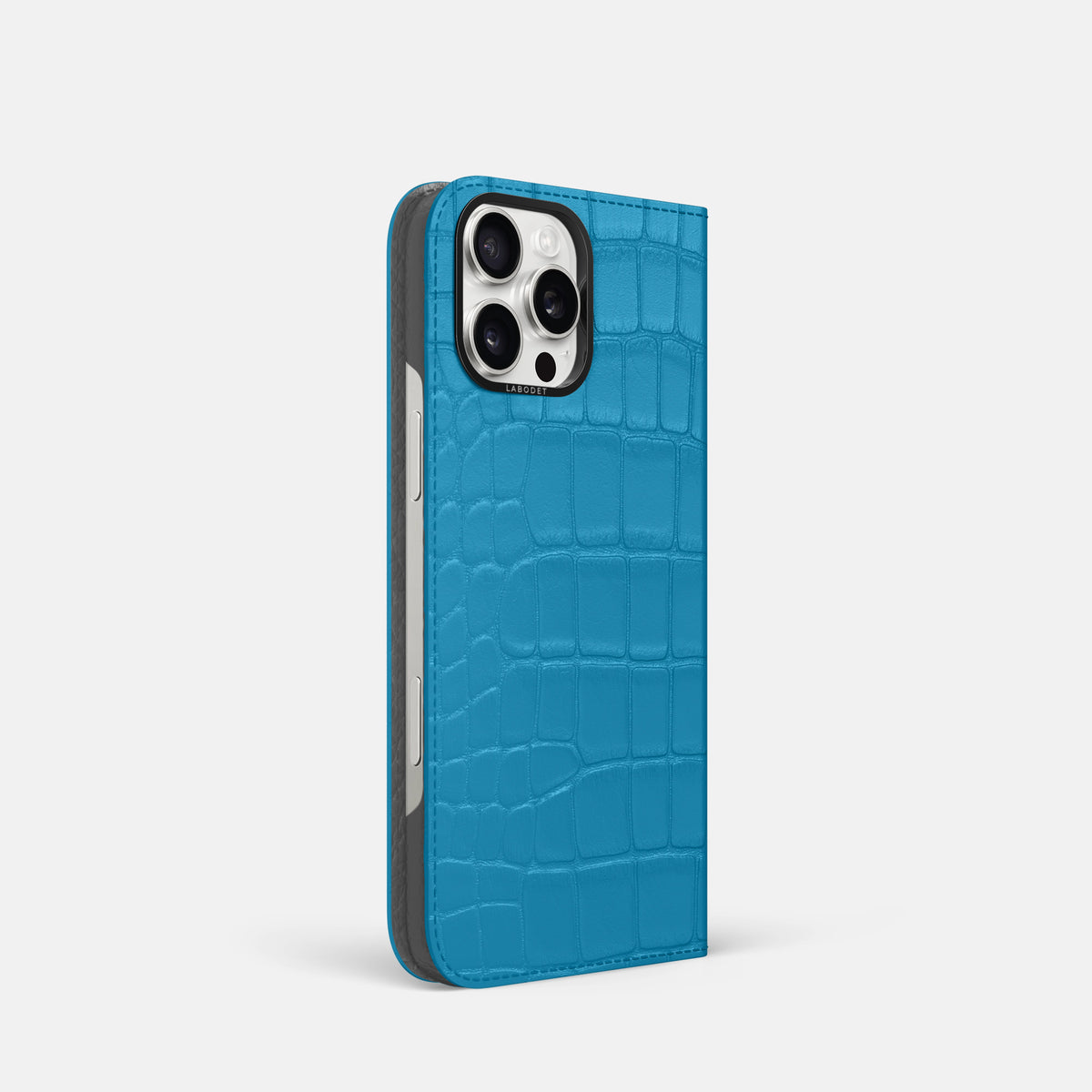Curaçao-Blue iPhone 16 Pro Folio Case Alligator with Black Metal -1 | Curaçao-Blue-Black