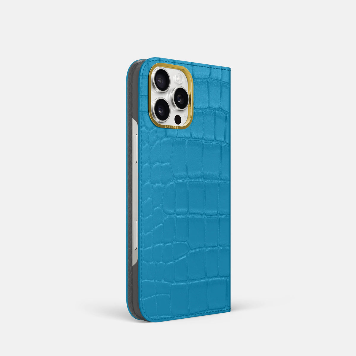 Curaçao-Blue iPhone 16 Pro Folio Case In Alligator with Gold Metal -1 | Curaçao-Blue-Gold